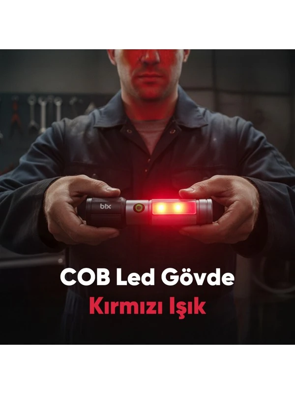 Flashlight BX2153FL 7W LED, Max. 330 Lümen Parlaklık ve 325 Metreye Kadar Menzilli 2000mAh Şarj Edilebilir Manyetik Cob LED Gövdeli Kompakt El Feneri