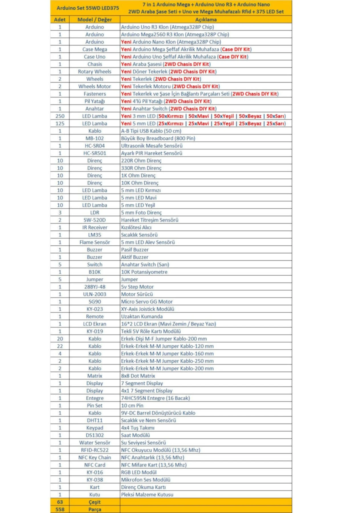 Arduino Nano Mega Uno 558 Parça 7 In 1 Robotik Kodlama 2 Wd Tekerlekli Araba Şasesi Dıy Muhafazalı