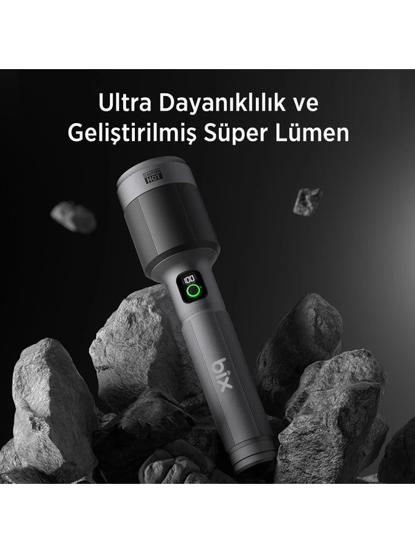 Flashlight BX5102FL 60W LED, Max. 3000 Lümen Parlaklık ve 1000 Metreye Kadar Uzun Menzilli, Şarj Edilebilir, LED Güç Göstergeli ve Çok Modlu Kompakt El Feneri