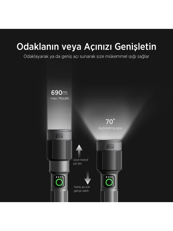 Flashlight BX5141FL 30W LED, Max. 1450 Lümen Parlaklık ve 690 Metreye Kadar Menzilli 2200mAh Şarj Edilebilir LED Bildirimli Kompakt El Feneri