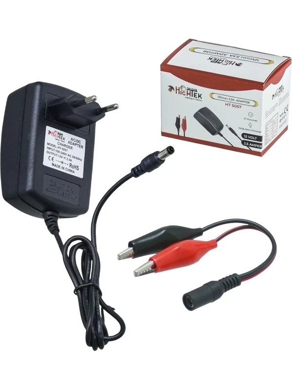 Hıghtek HT-5057 12V (13.8V) 2.5A Priz Tipi 12 Volt Akü Şarj Adaptörü 5.5X2.5mm Jacklı + Krokodilli