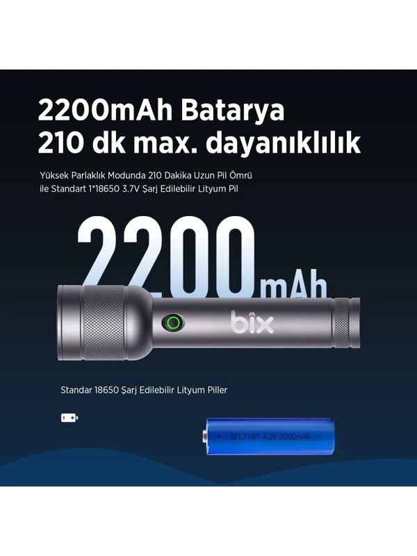 Flashlight BX2186FL 3W LED, Max. 910 Lümen Parlaklık ve 300 Metreye Kadar Menzilli Şarj Edilebilir Çok Modlu Kompakt El Feneri