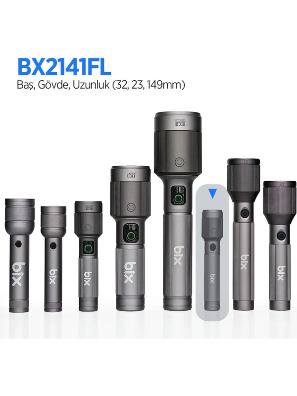 Flashlight BX2141FL 15W LED, Max. 650 Lümen Parlaklık ve 300 Metreye Kadar Menzilli, Şarj Edilebilir Çok Modlu Kompakt El Feneri
