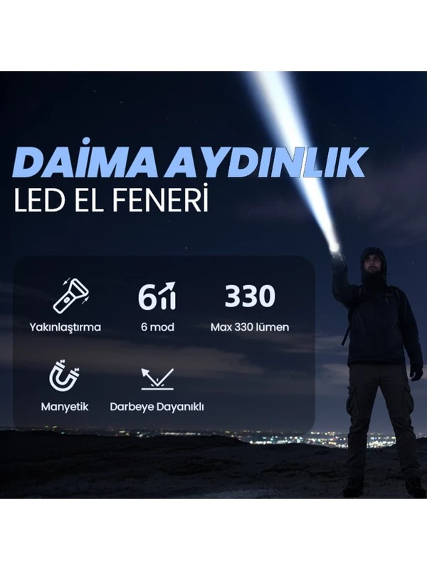 Flashlight BX2153FL 7W LED, Max. 330 Lümen Parlaklık ve 325 Metreye Kadar Menzilli 2000mAh Şarj Edilebilir Manyetik Cob LED Gövdeli Kompakt El Feneri