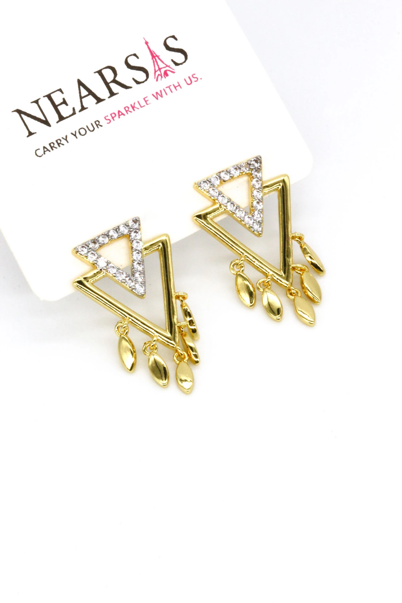 Zirkon Taşlı Sallantılı İkili Üçgen Çivi Küpe