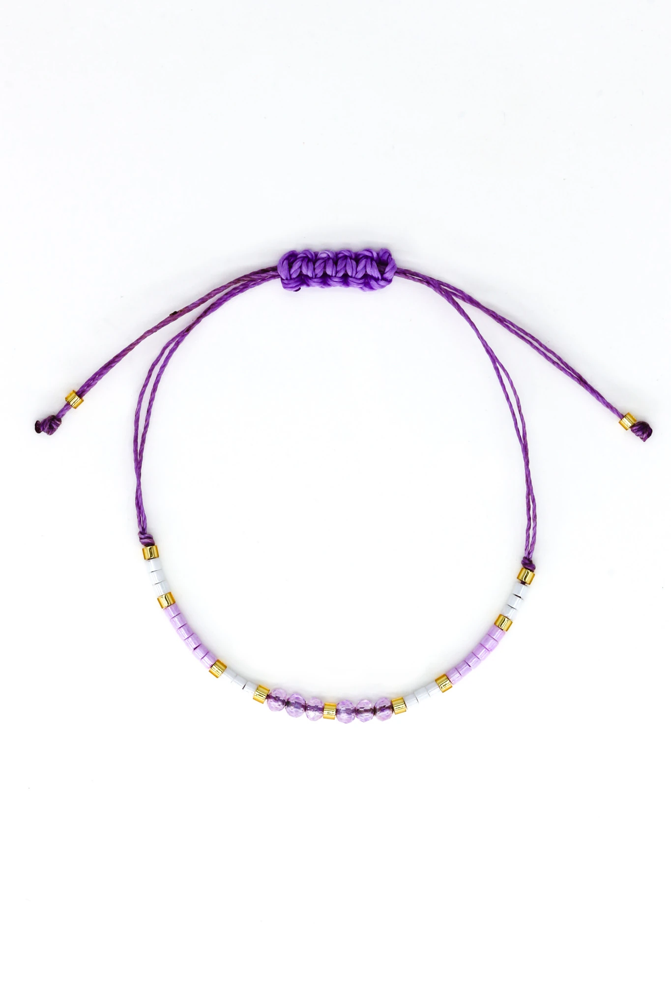 Makrome Lila İpli Asansör 12li Set Bileklik,Sıralı Çokgen Boncuk Taşlı