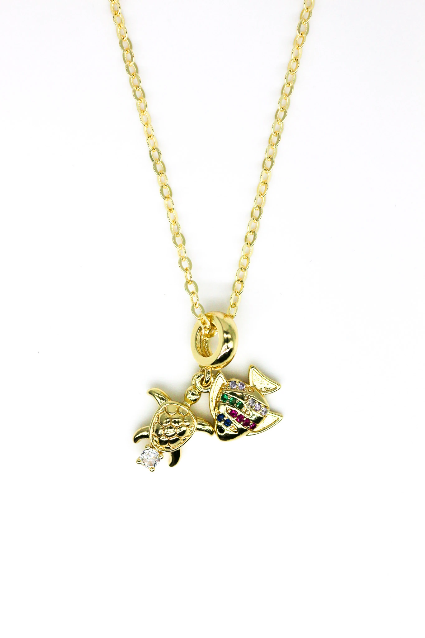 Renkli Taşlı Balık,Kaplumbağa Figürlü Zincir Kolye