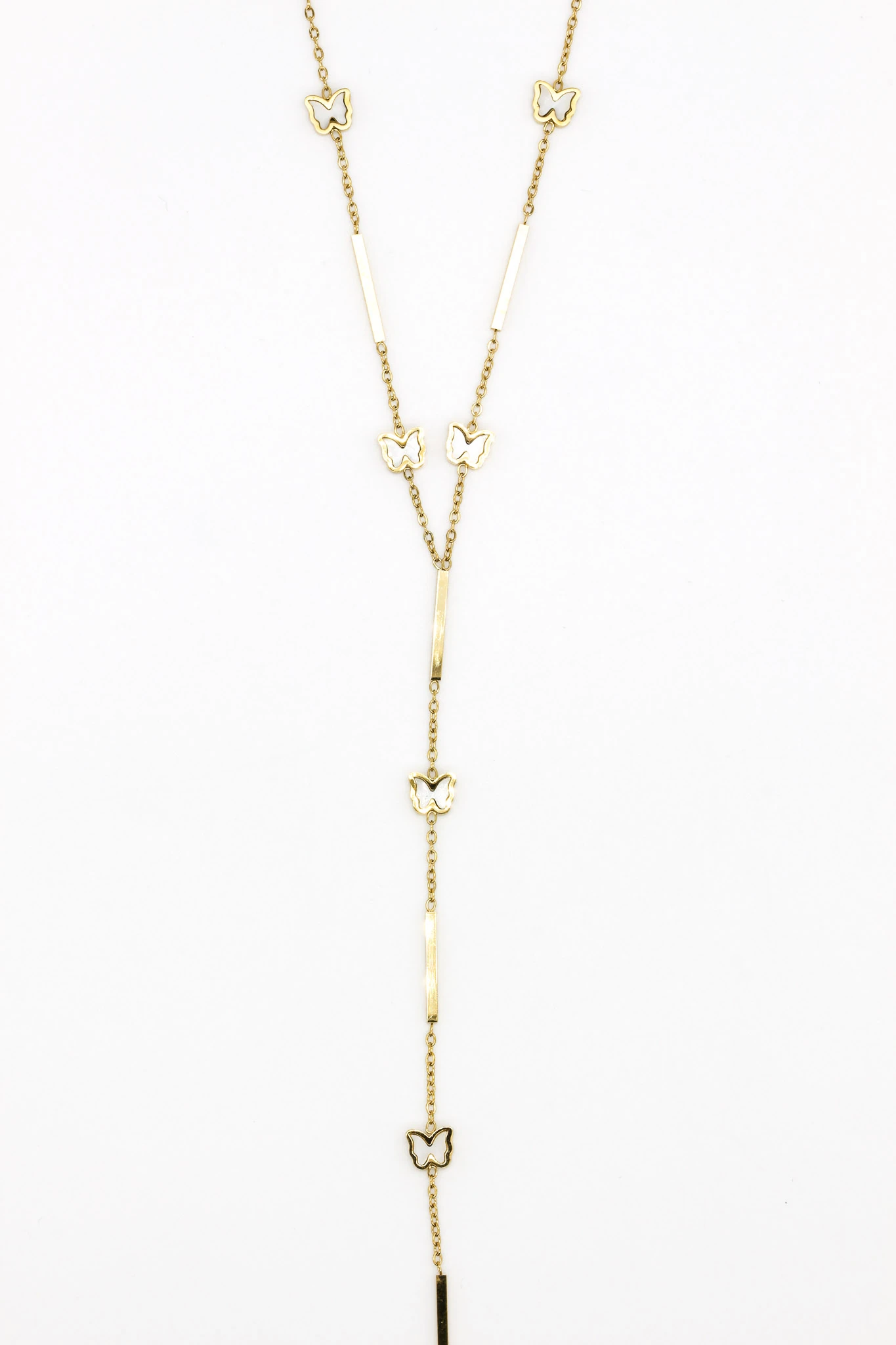 Çelik Sedef Taşlı Kelebekli Y Kolye,Çubuk Zincirli - Gold