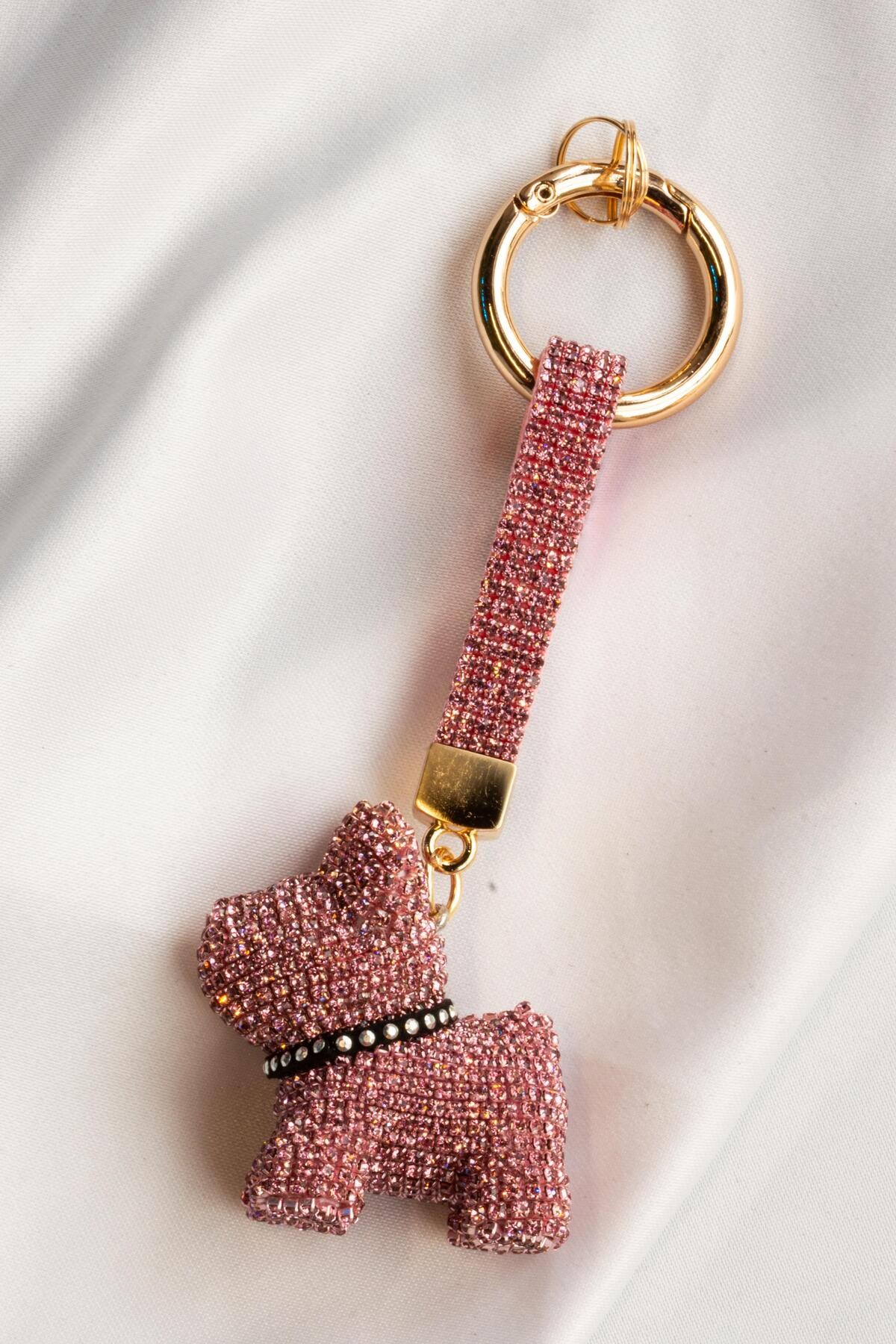 SWAROVSKİ ZİRKON TAŞLI PEMBE KÖPEK SALLANTILI ÇANTA AKSESUARI VE ANAHTARLIK