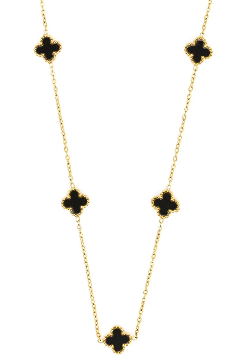 Çelik Siyah Mineli,Beşli Yonca Kolye - Gold