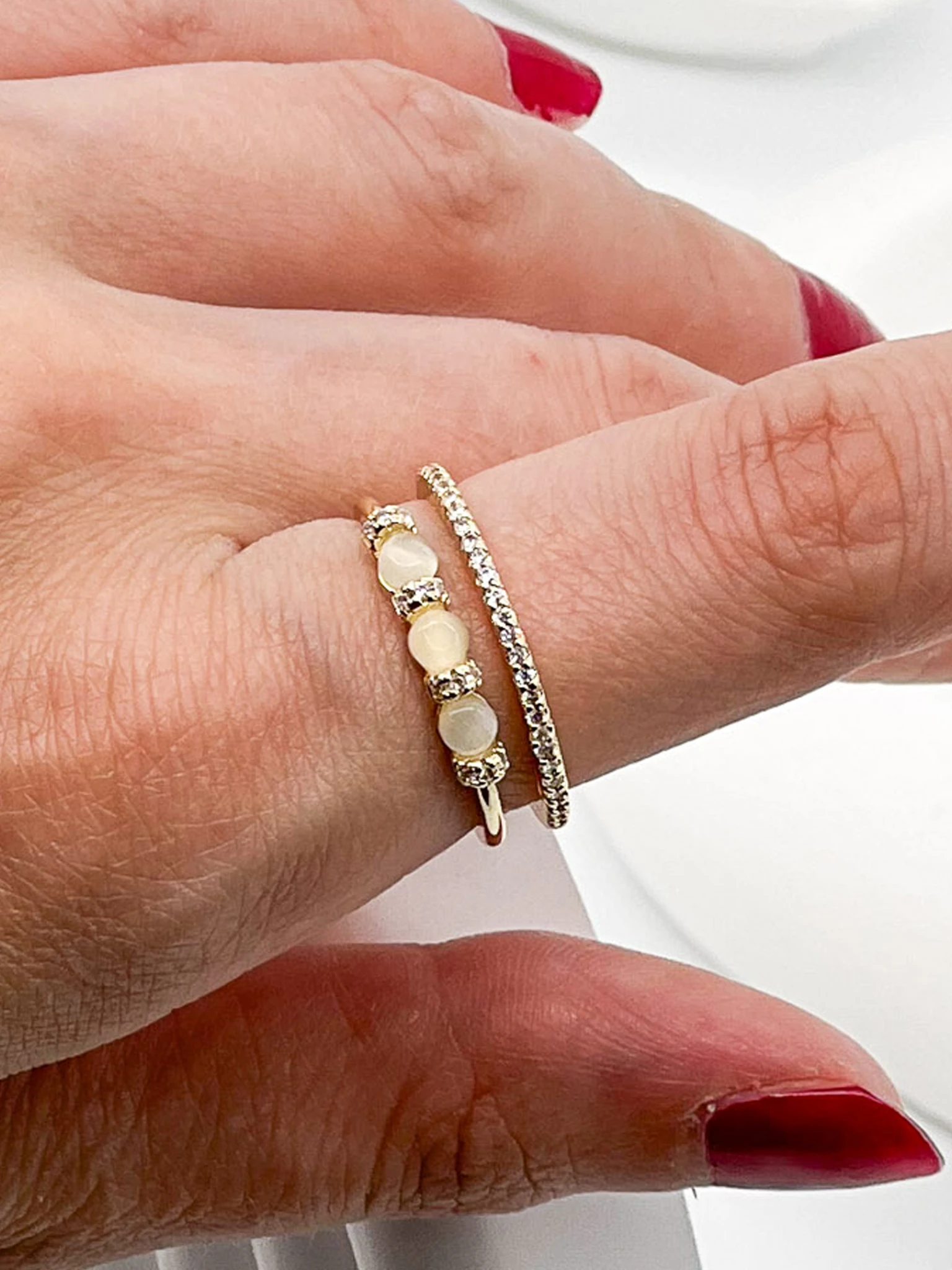 Zirkon Taşlı Ayarlanabilir Yüzük,Üçlü İncili