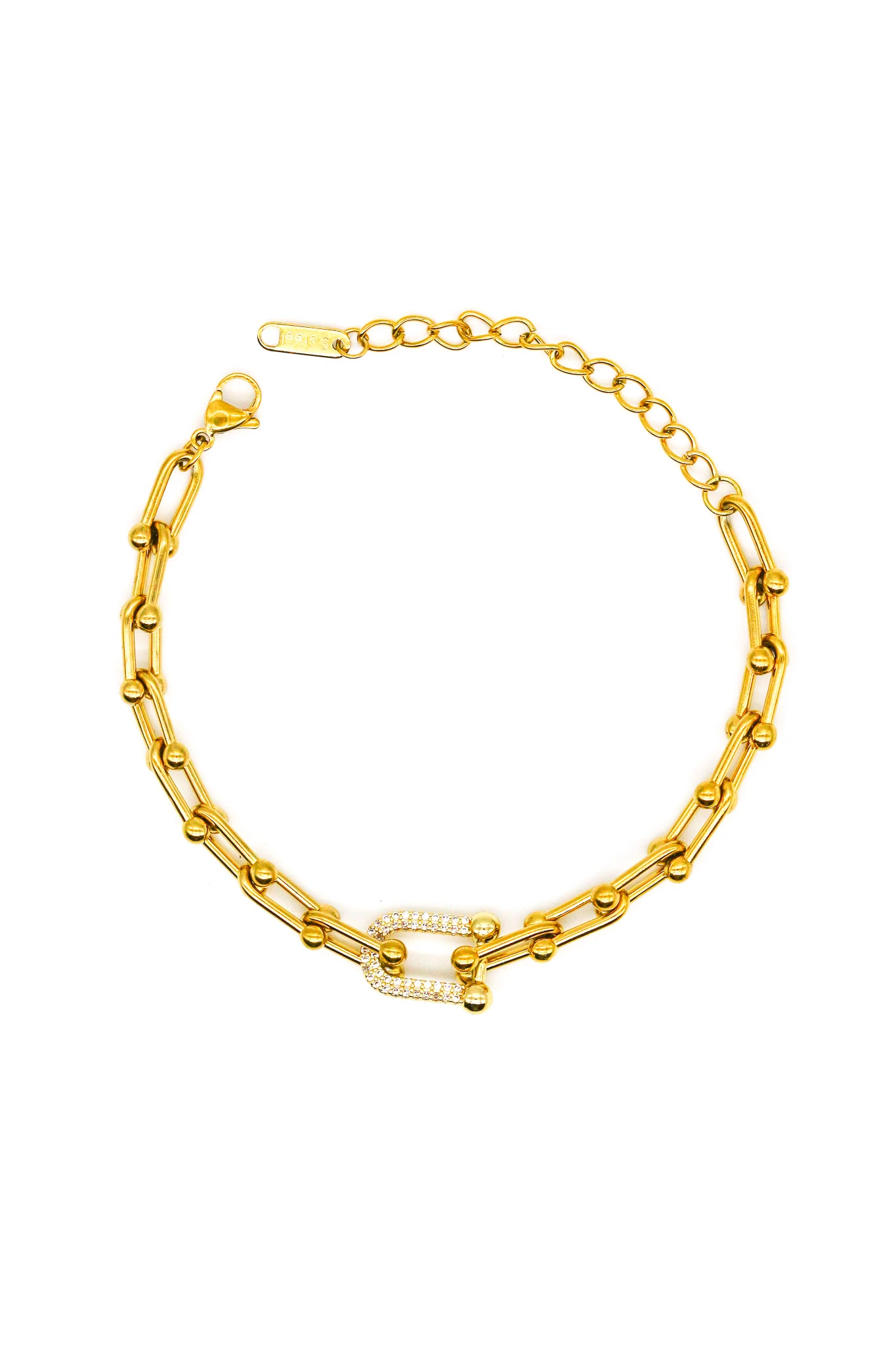 Çelik U Topcuklu Zincir Bileklik,Zirkon Taşlı