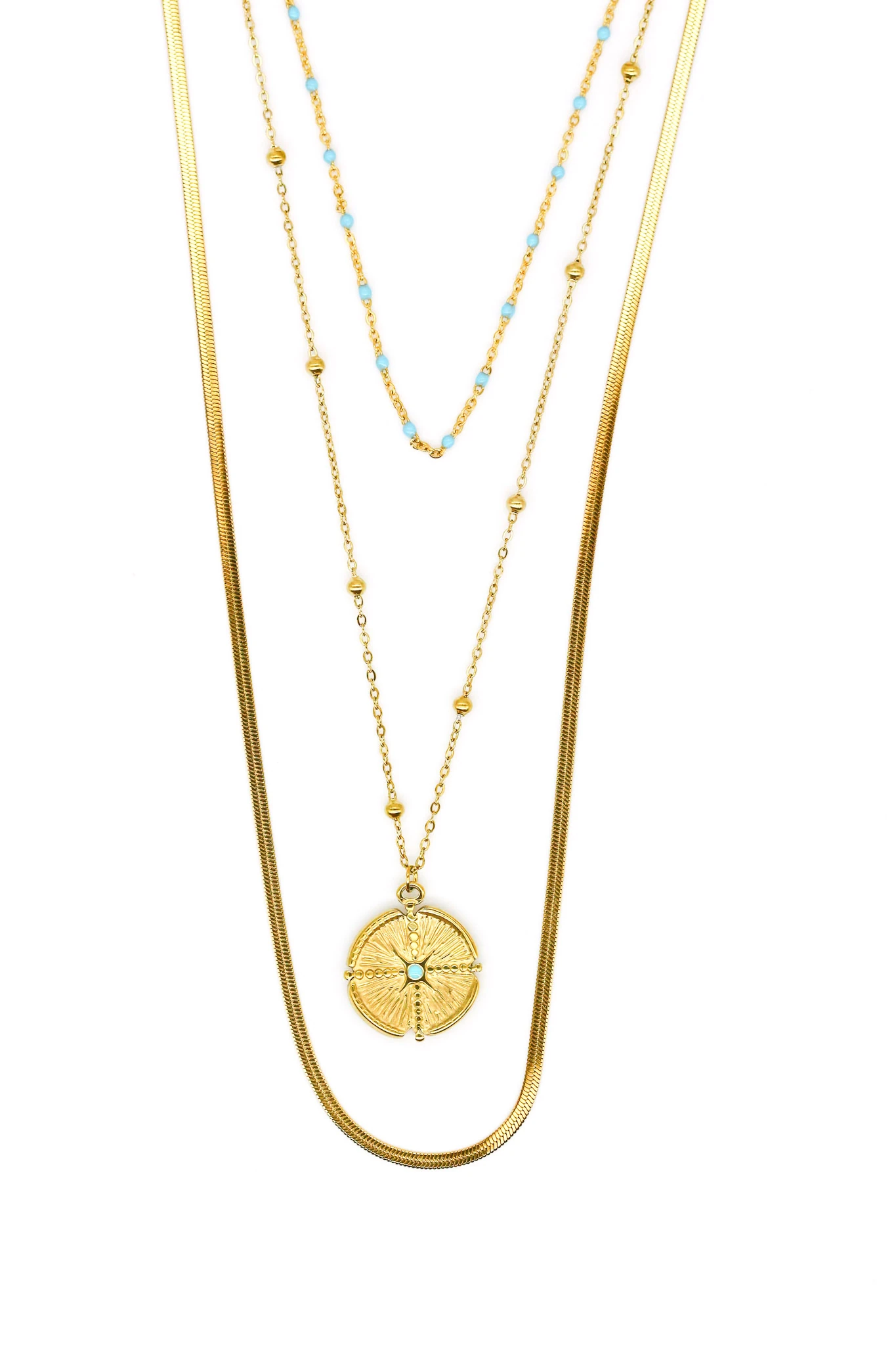 Çelik Üçlü Kombin Zincir Kolye,Mavi Mineli,Güneş Figürlü - Gold