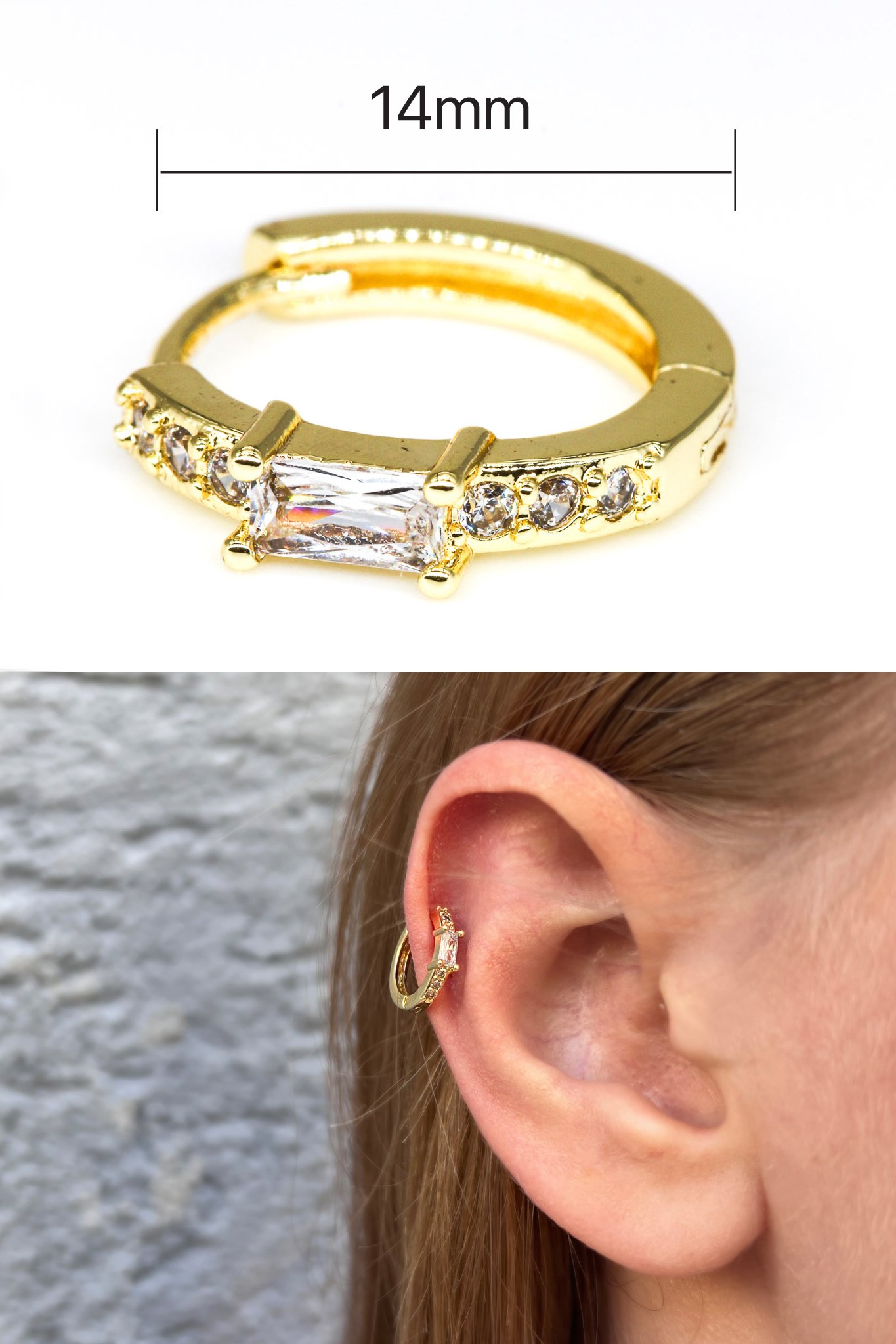 Zirkon Taşlı Tragus Küpe,Tektaş Bagetli