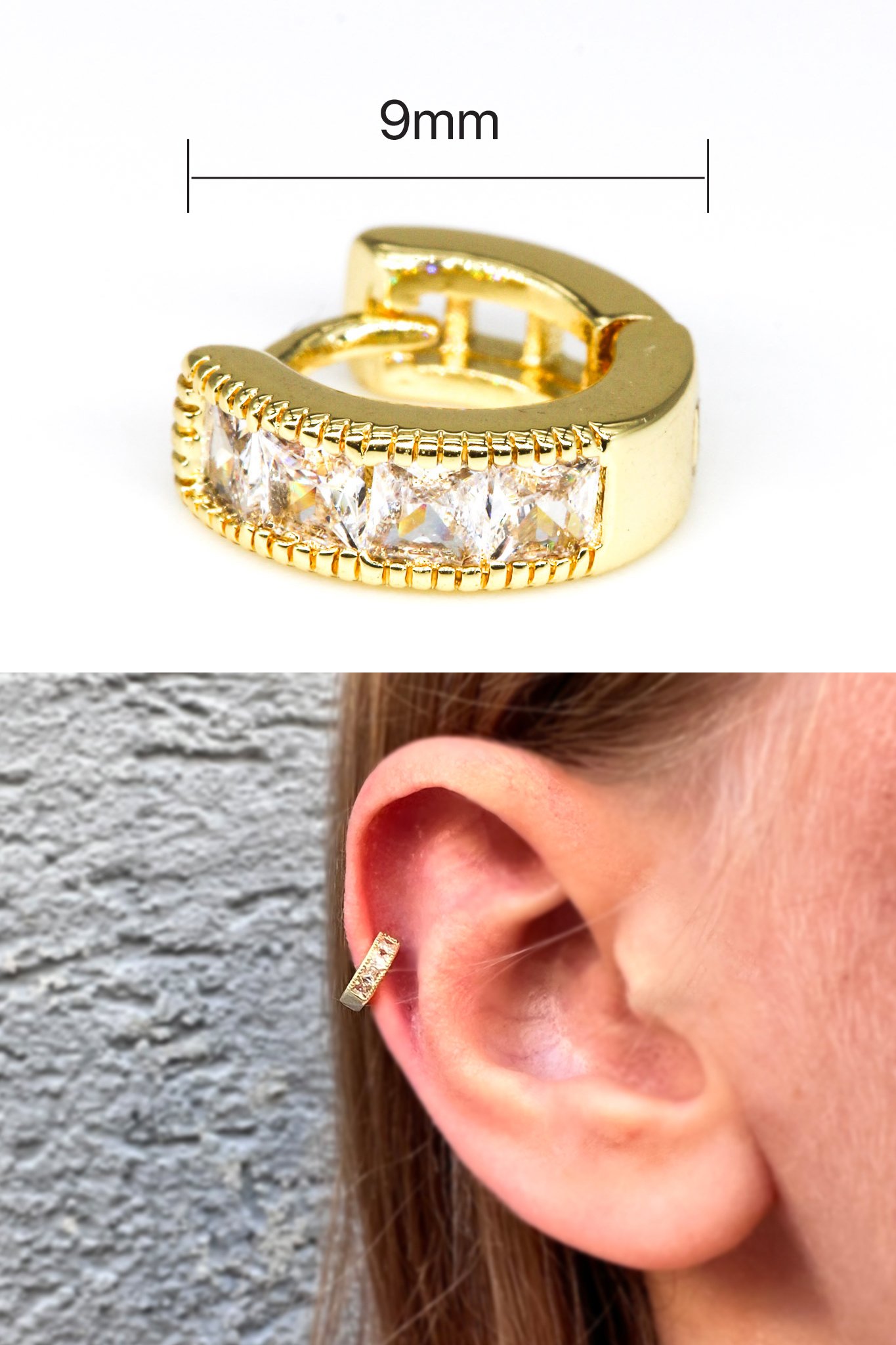 Zirkon Taşlı Tragus Küpe,Sıralı Kare Taşlı