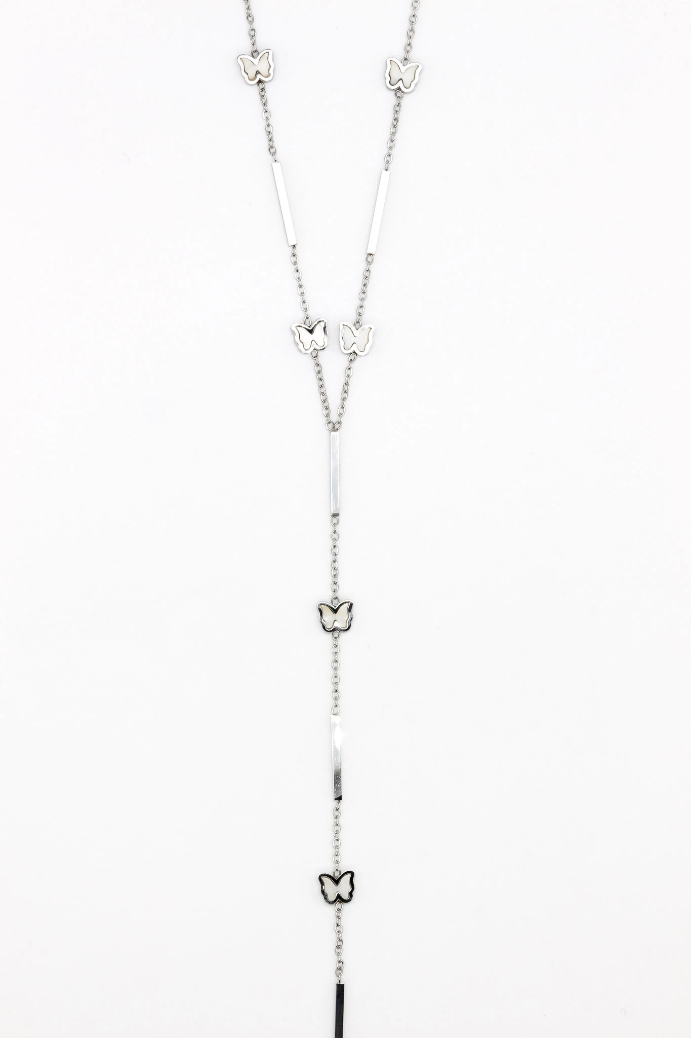 Çelik Sedef Taşlı Kelebekli Y Kolye,Çubuk Zincirli - Silver