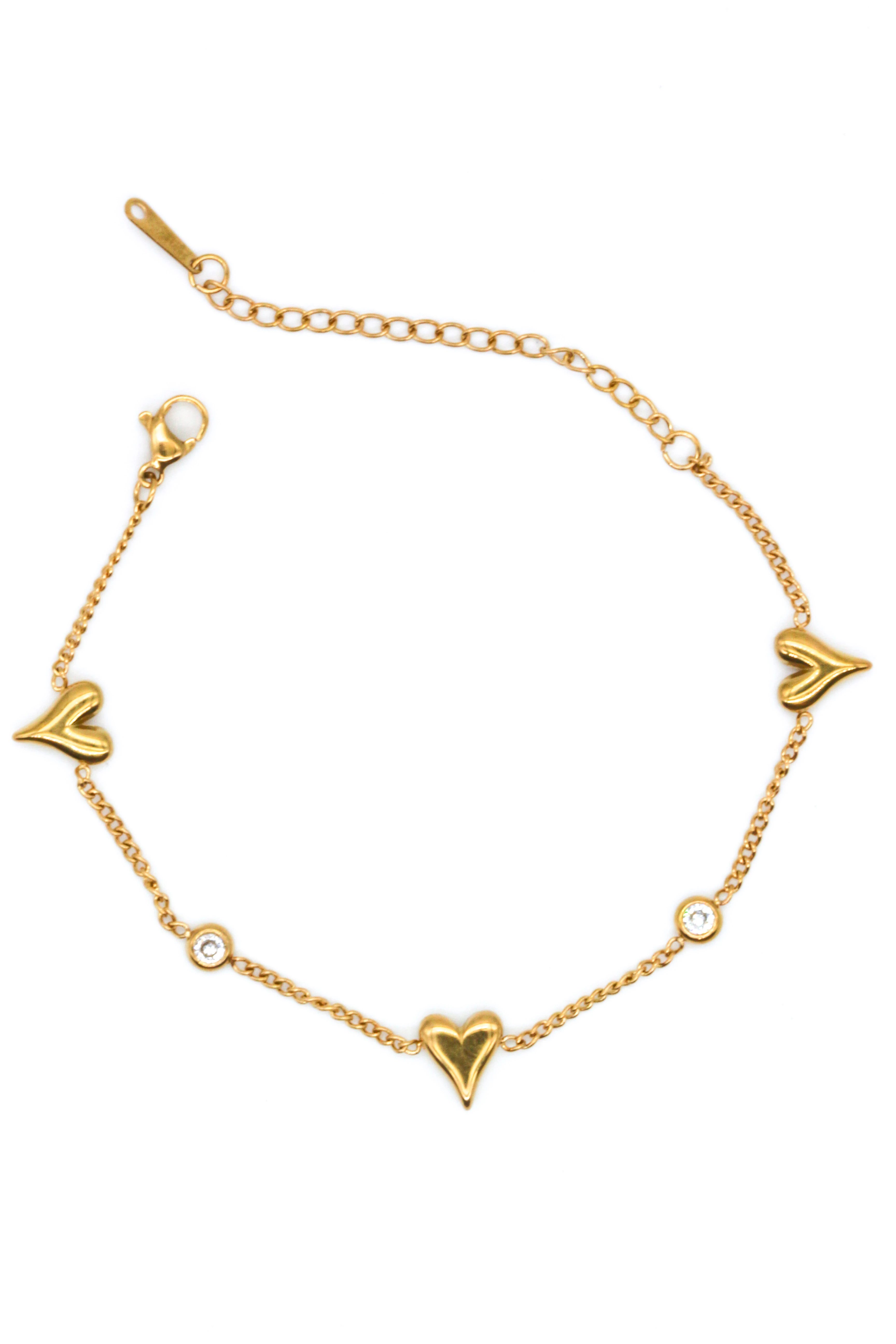 Çelik Topcuklu Taşlı Zincir Bileklik,Üçlü Bombe Kalpli