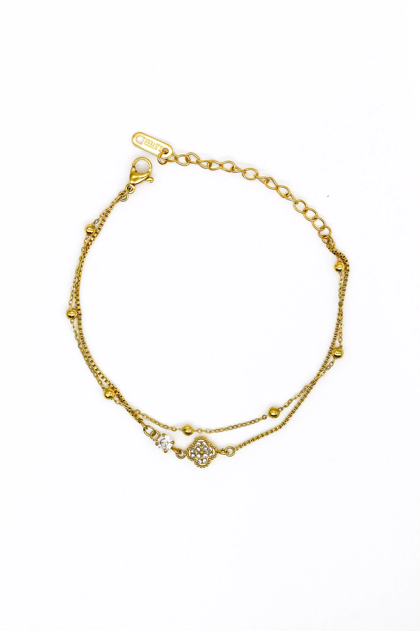 Çelik Zirkon Taşlı Tekli Yonca,Topcuklu İkili Kombin Zincir Bileklik - Gold