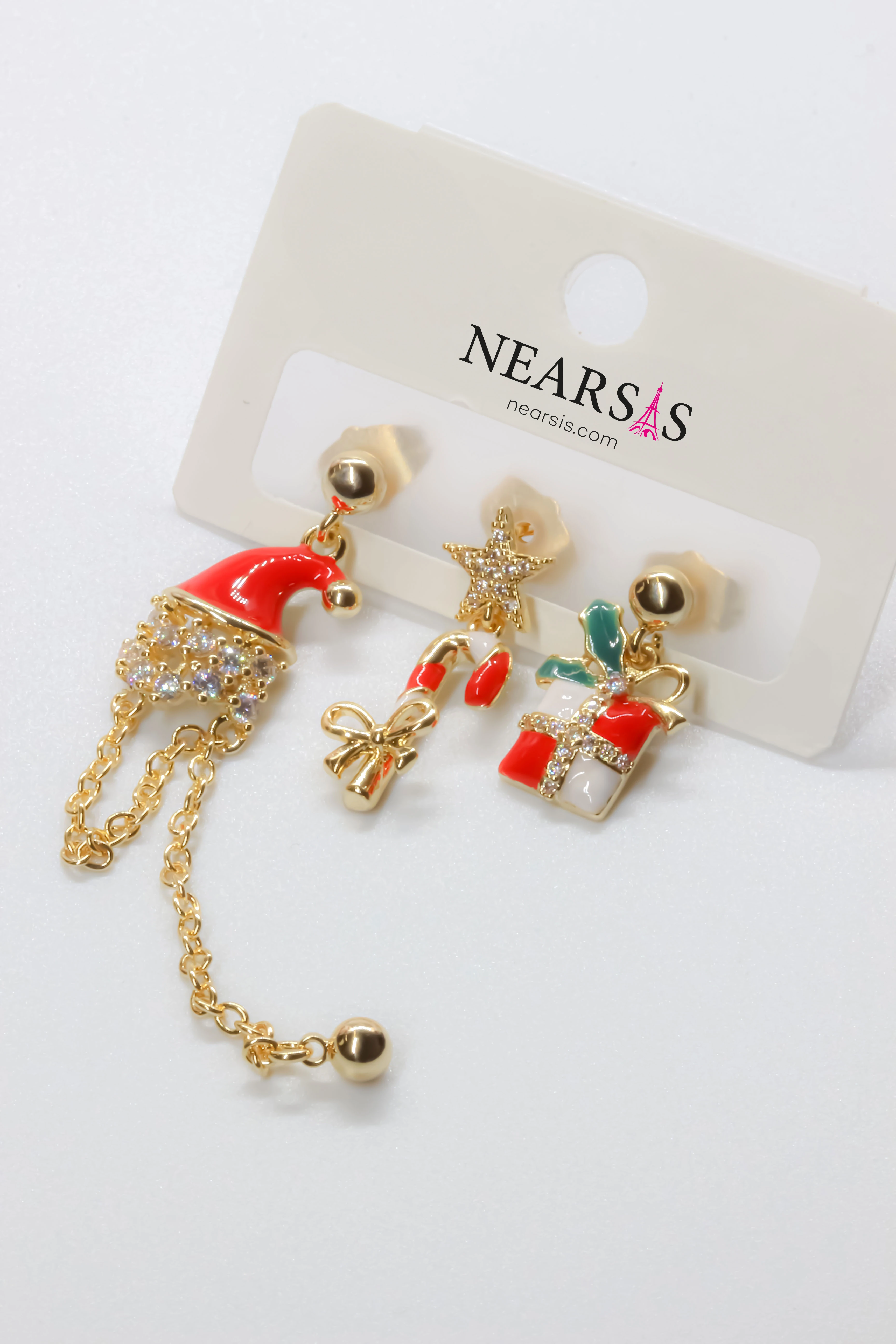 Zirkon Taşlı Üçlü Yılbaşı Set Küpe,Mineli Şapka,Yıldız,Kutu Figürlü