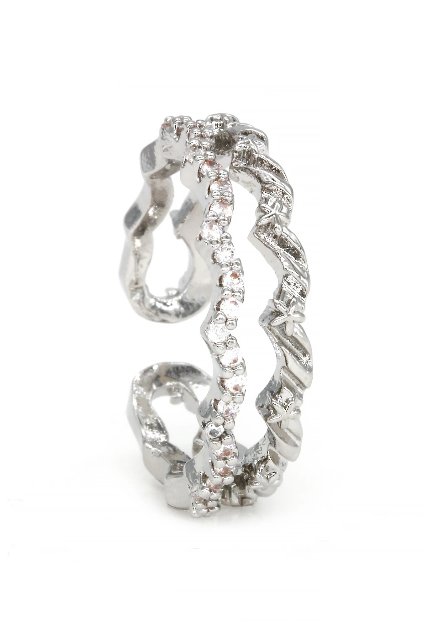 Ayarlanabilir Yüzük, İki Dalgalı Zirkon Taşlı - Silver