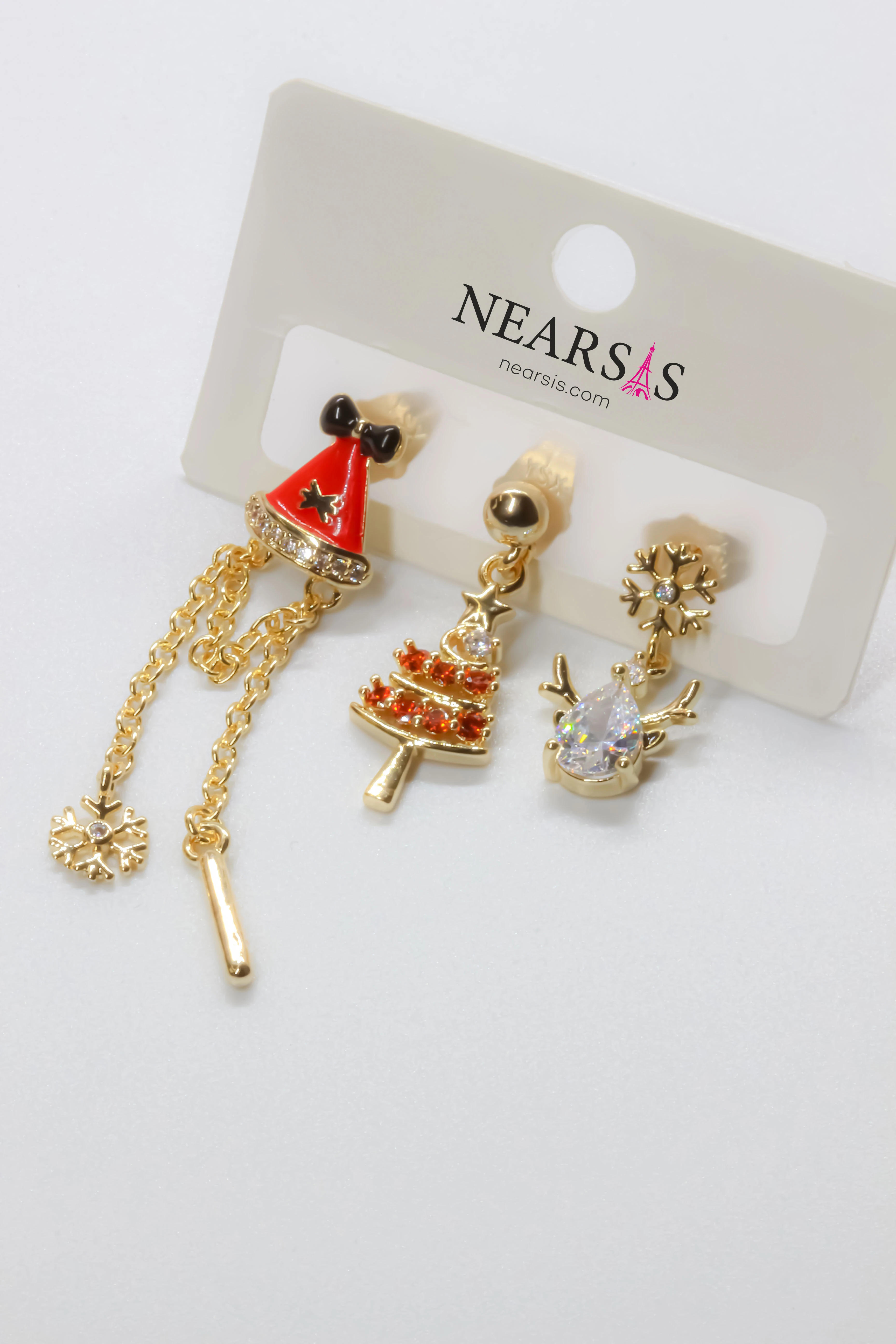 Zirkon Taşlı Üçlü Yılbaşı Set Küpe,Mineli Şapka,Ağaç,Kar Tanesi Figürlü