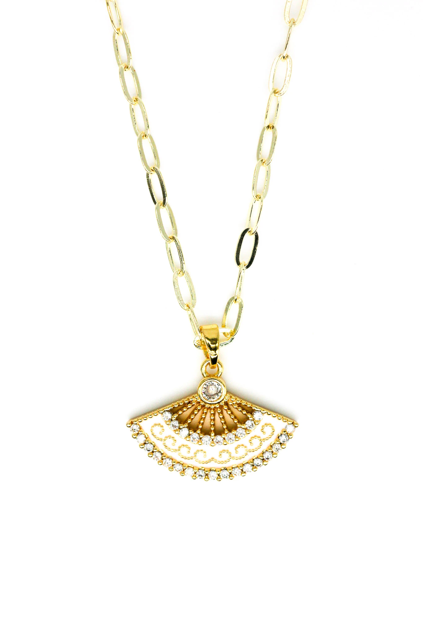 Zirkon Taşlı,Beyaz Mineli Yelpaze Zincir Kolye