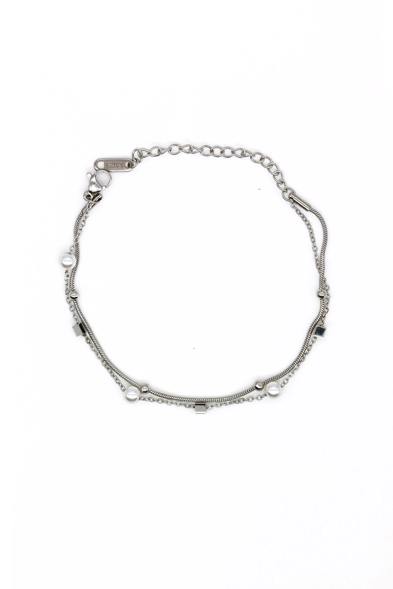 Çelik Küplü,İnci Boncuklu İkili Kombin Zincir Bileklik - Silver