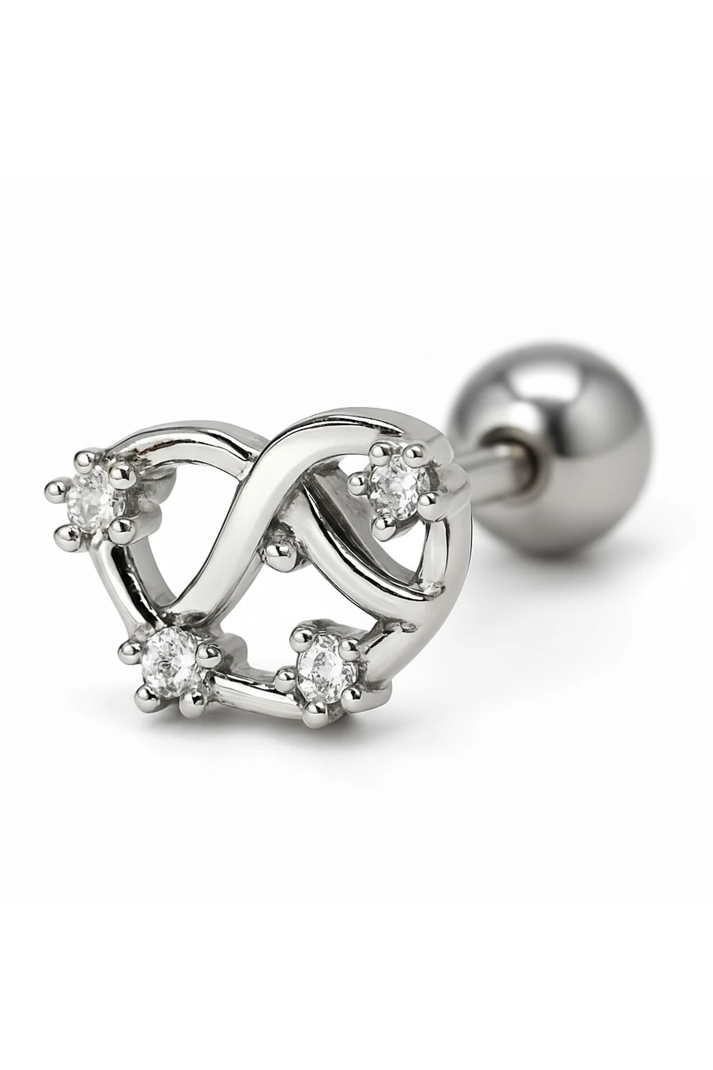 Zirkon Taşlı Tragus Küpe,Dört Taşlı Kalp