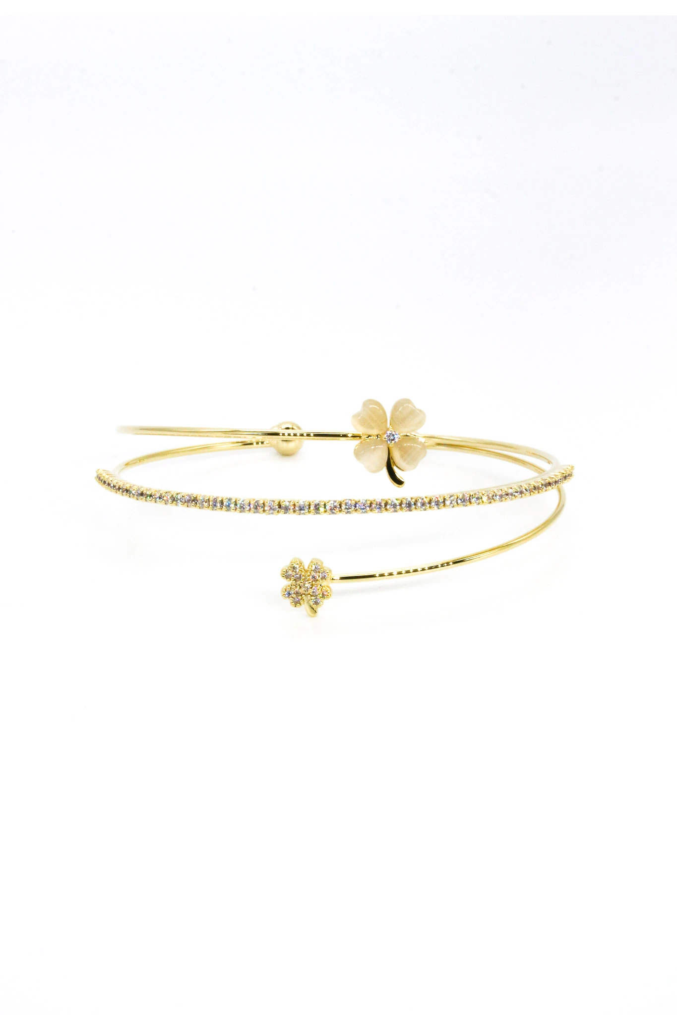 Tel C Kelepçe Bileklik,Zirkon Taşlı,İki Yoncalı,Beyaz Mineli