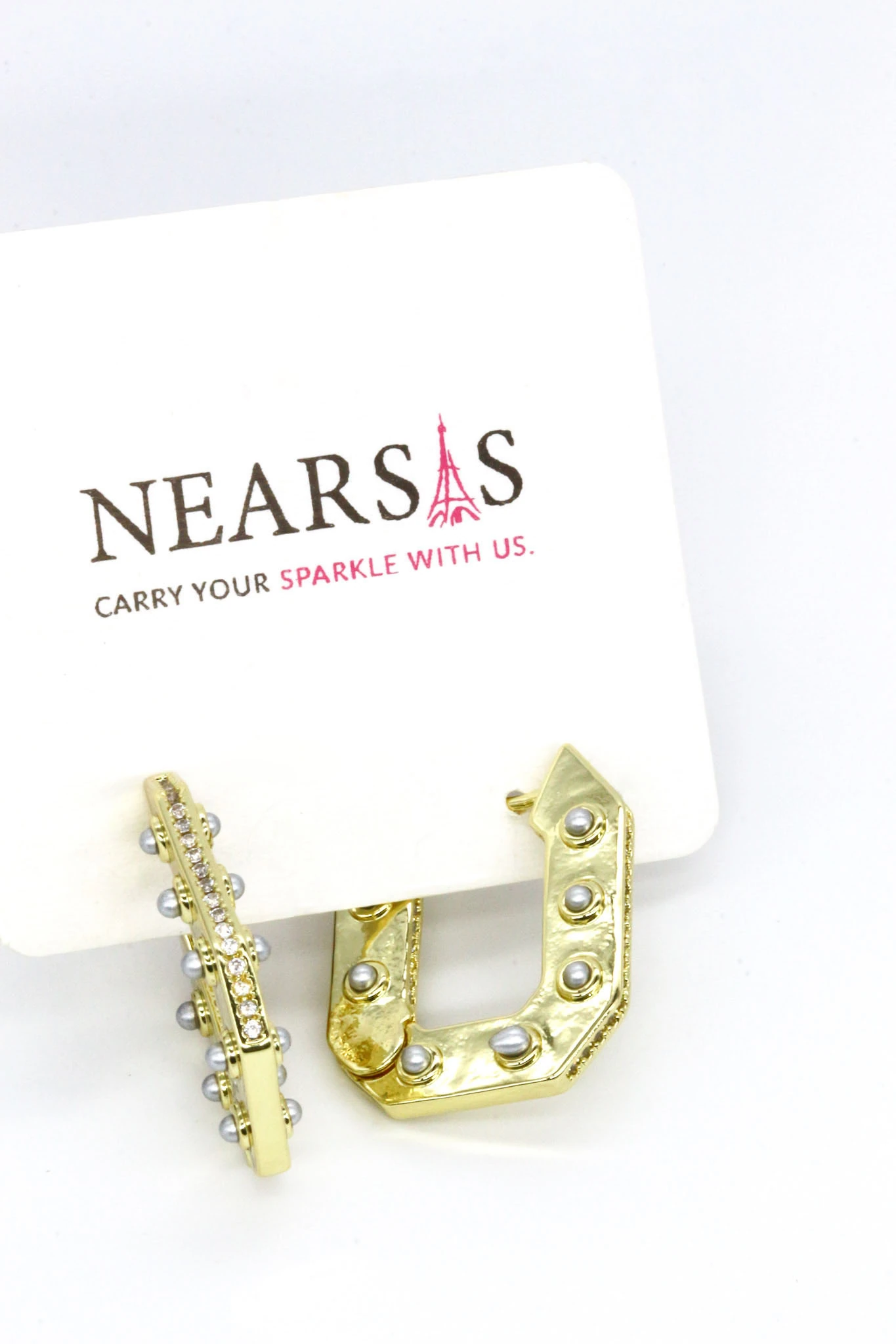 İnci Detaylı Dörtgen Çengel Küpe - Gold