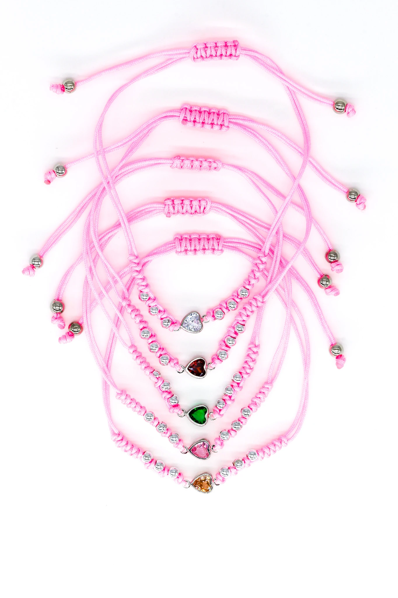 Makrome Pembe İpli Asansör 12li Set Bileklik,Boncuklu,Renkli Taş Kalpli