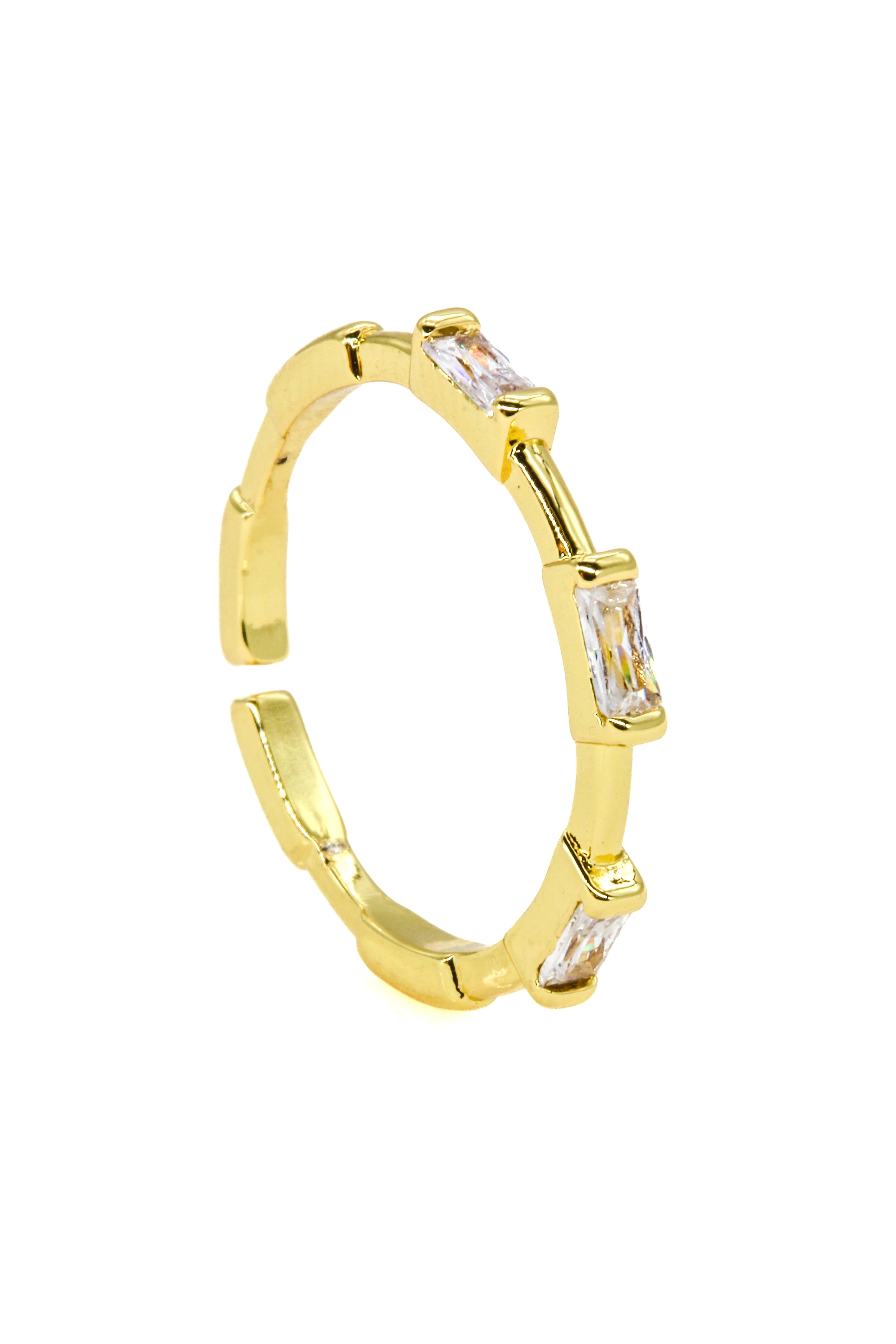 Zirkon Taşlı Ayarlanabilir Yüzük,Yatay Baget Taşlı - Gold