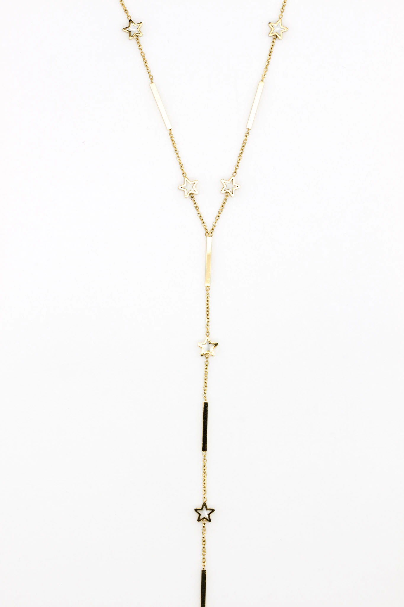 Çelik Sedef Taşlı Yıldızlı Y Kolye,Çubuk Zincirli - Gold