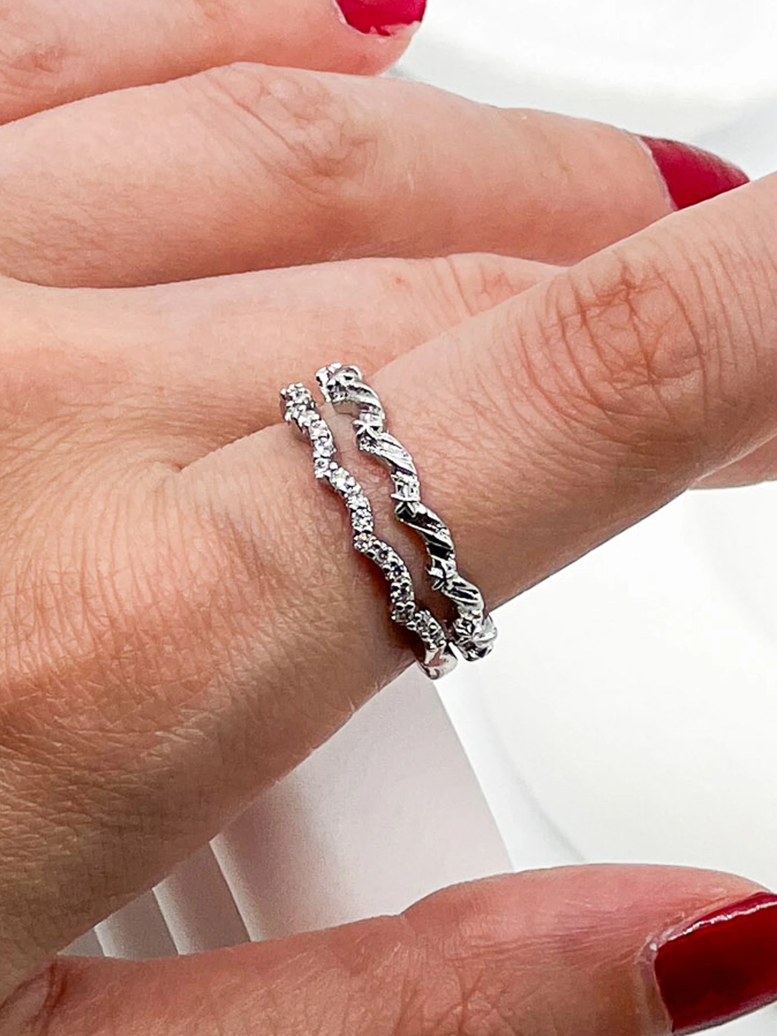 Ayarlanabilir Yüzük, İki Dalgalı Zirkon Taşlı - Silver