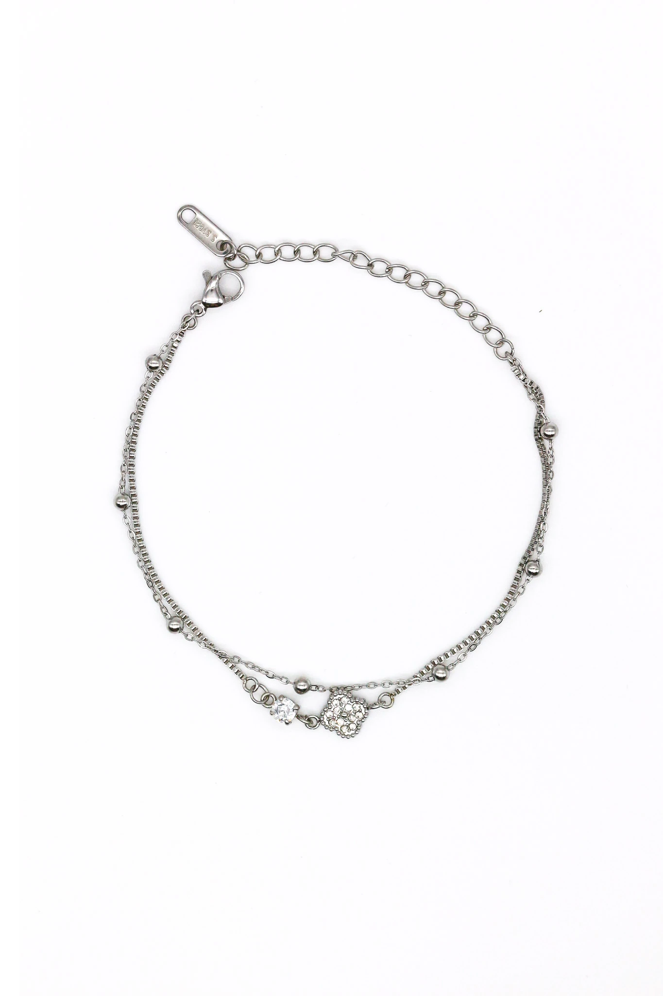 Çelik Zirkon Taşlı Tekli Yonca,Topcuklu İkili Kombin Zincir Bileklik - Silver