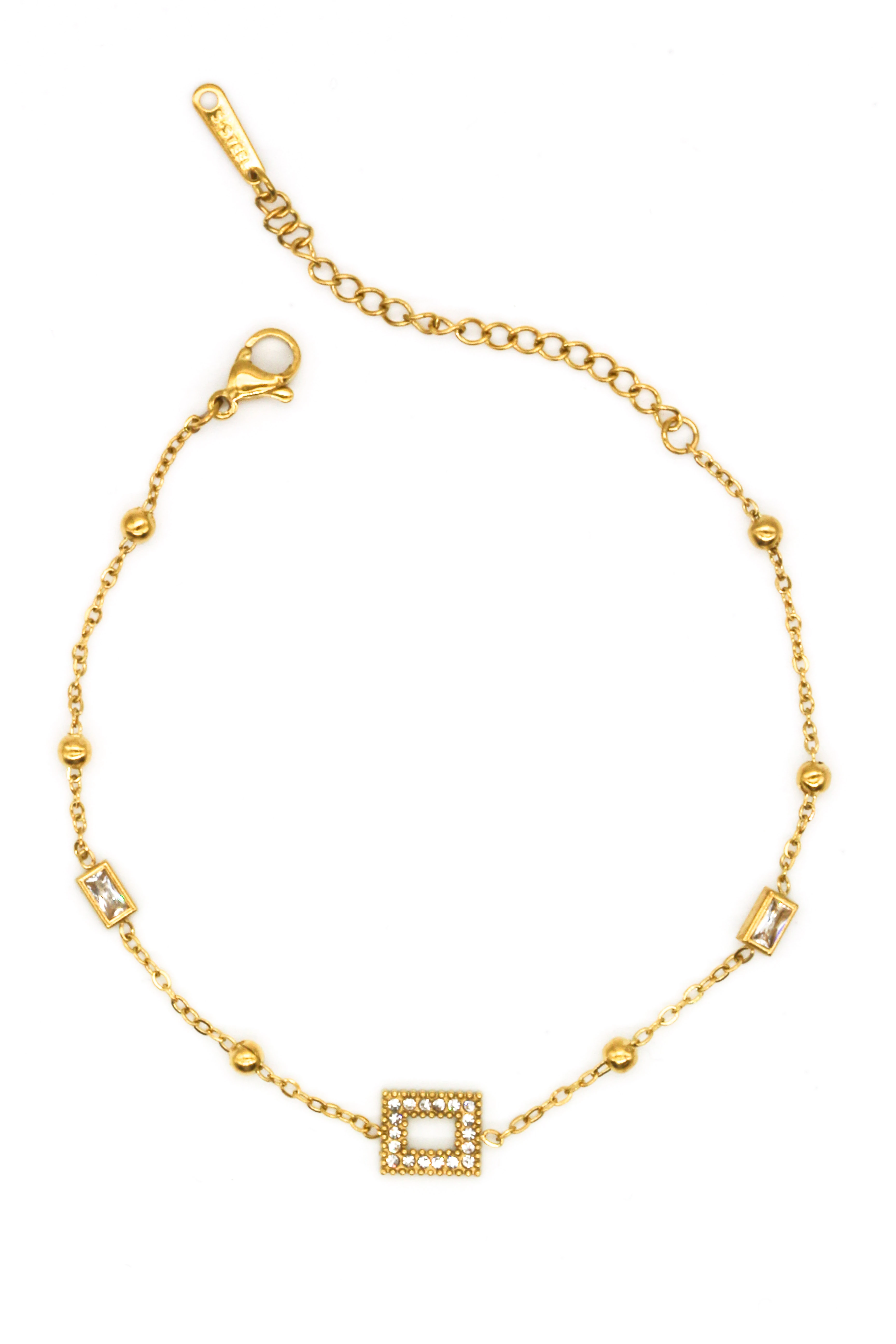 Çelik Zirkon Taşlı,Topcuklu Bileklik,Kare Model