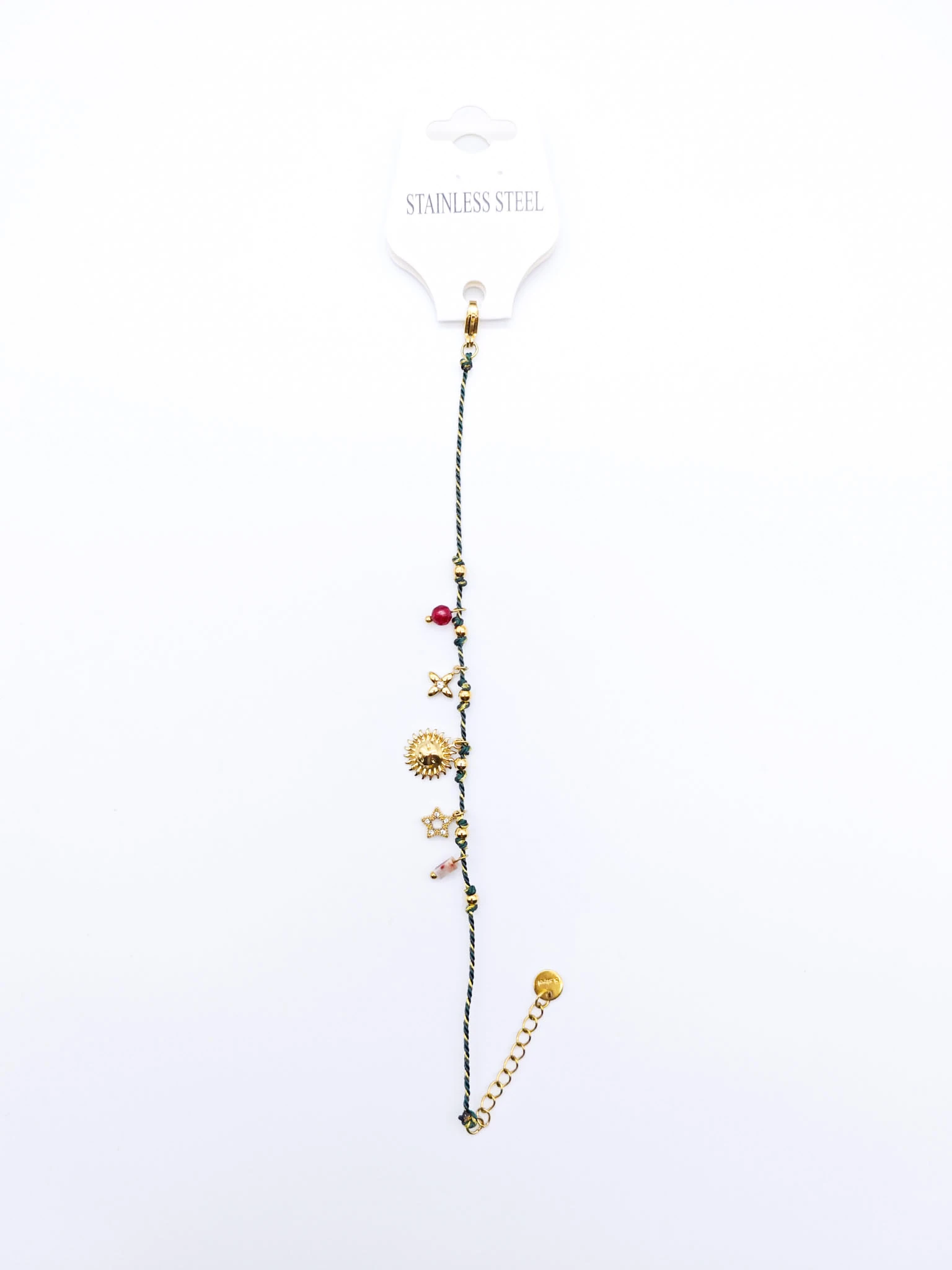 Çelik Yıldız,Güneş,Çiçek Figürlü,Yeşil İpli Charm Bileklik