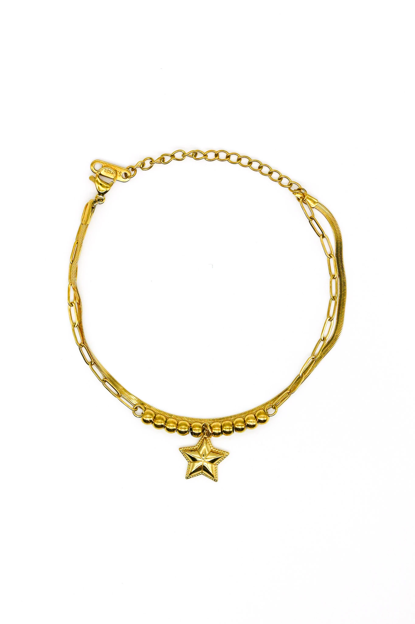 Çelik Bombe Yıldızlı,Boncuklu İkili Kombin Zincir Bileklik - Gold