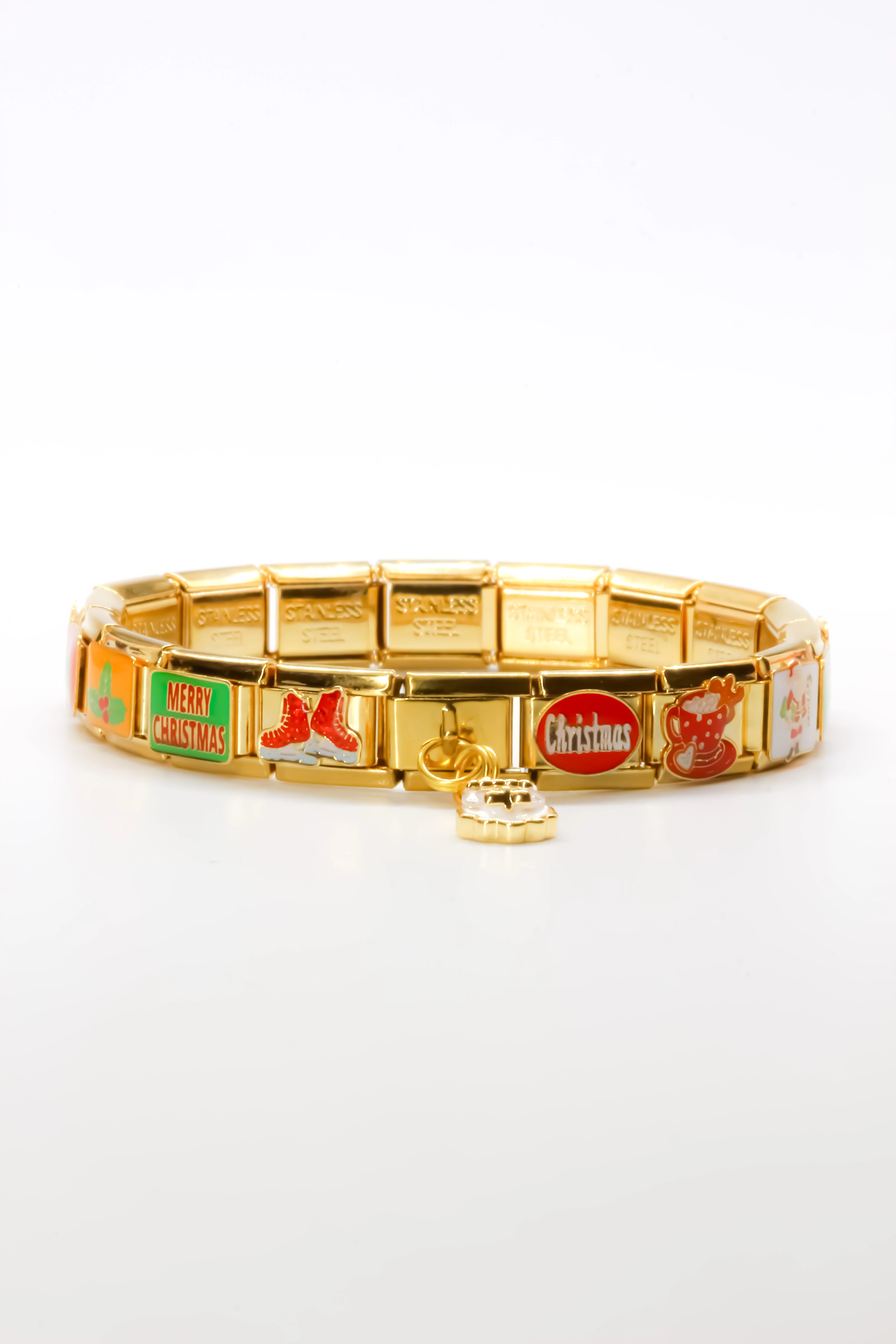 Çelik Yılbaşı Figürlü Charm Bileklik,Zirkon Taşlı Noel Baba Sallantılı