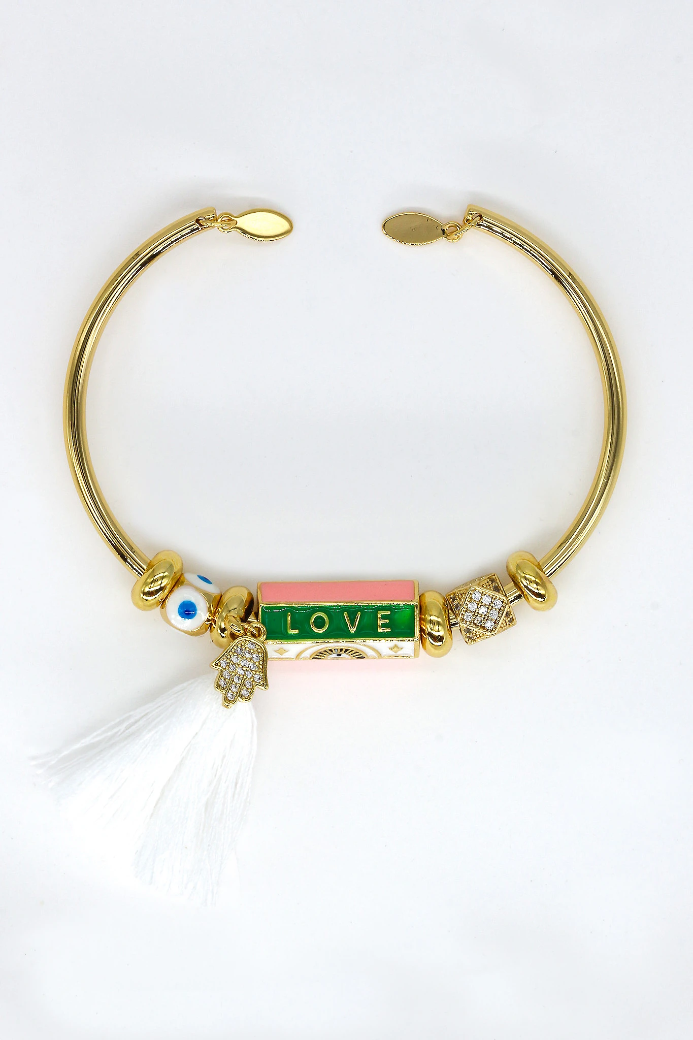 Kelepçe Charm Bileklik,Beyaz Püsküllü,Yeşil,Love