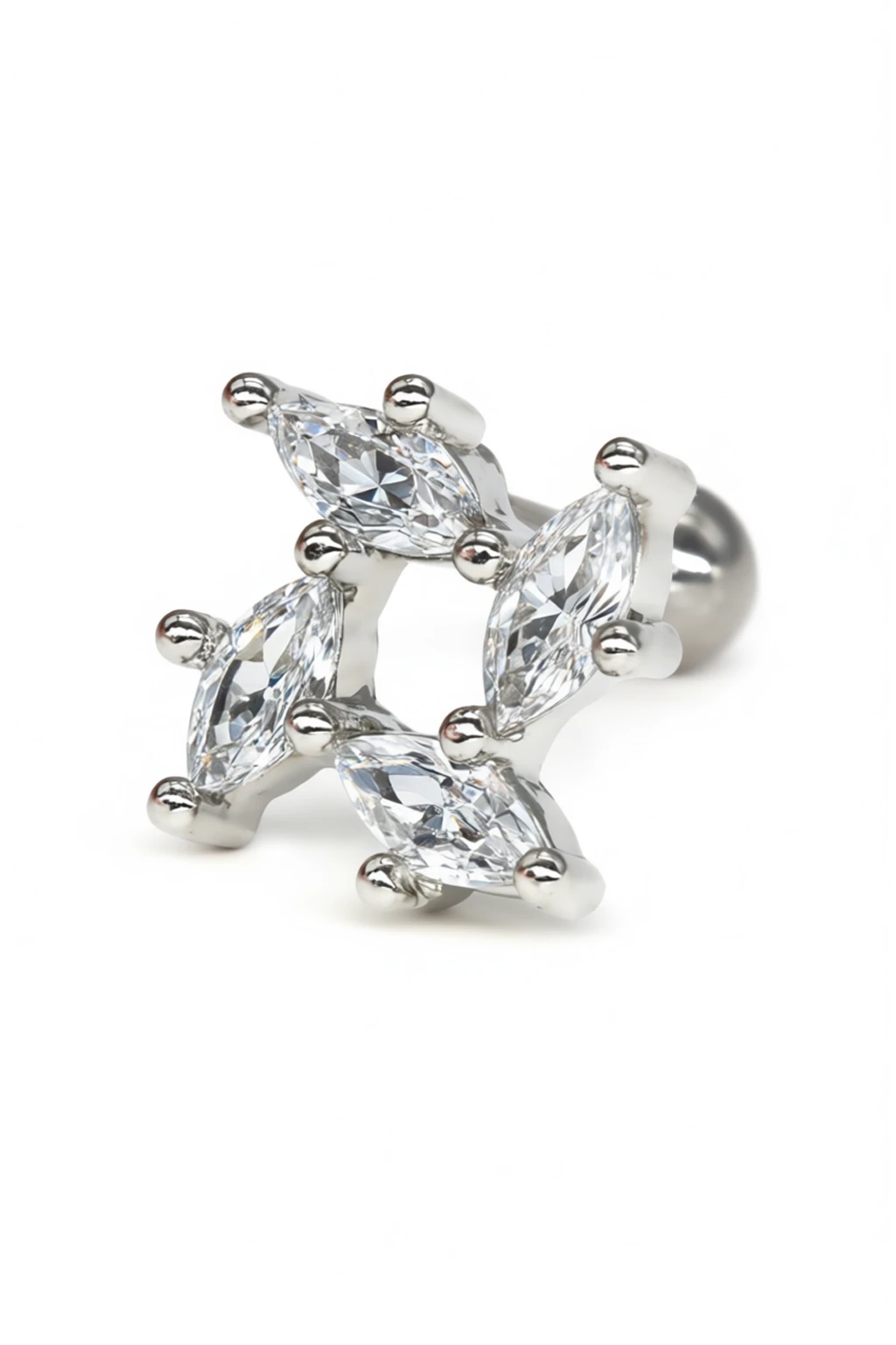 Zirkon Taşlı Tragus Küpe,Dört Mekik Taşlı Kare Figürlü