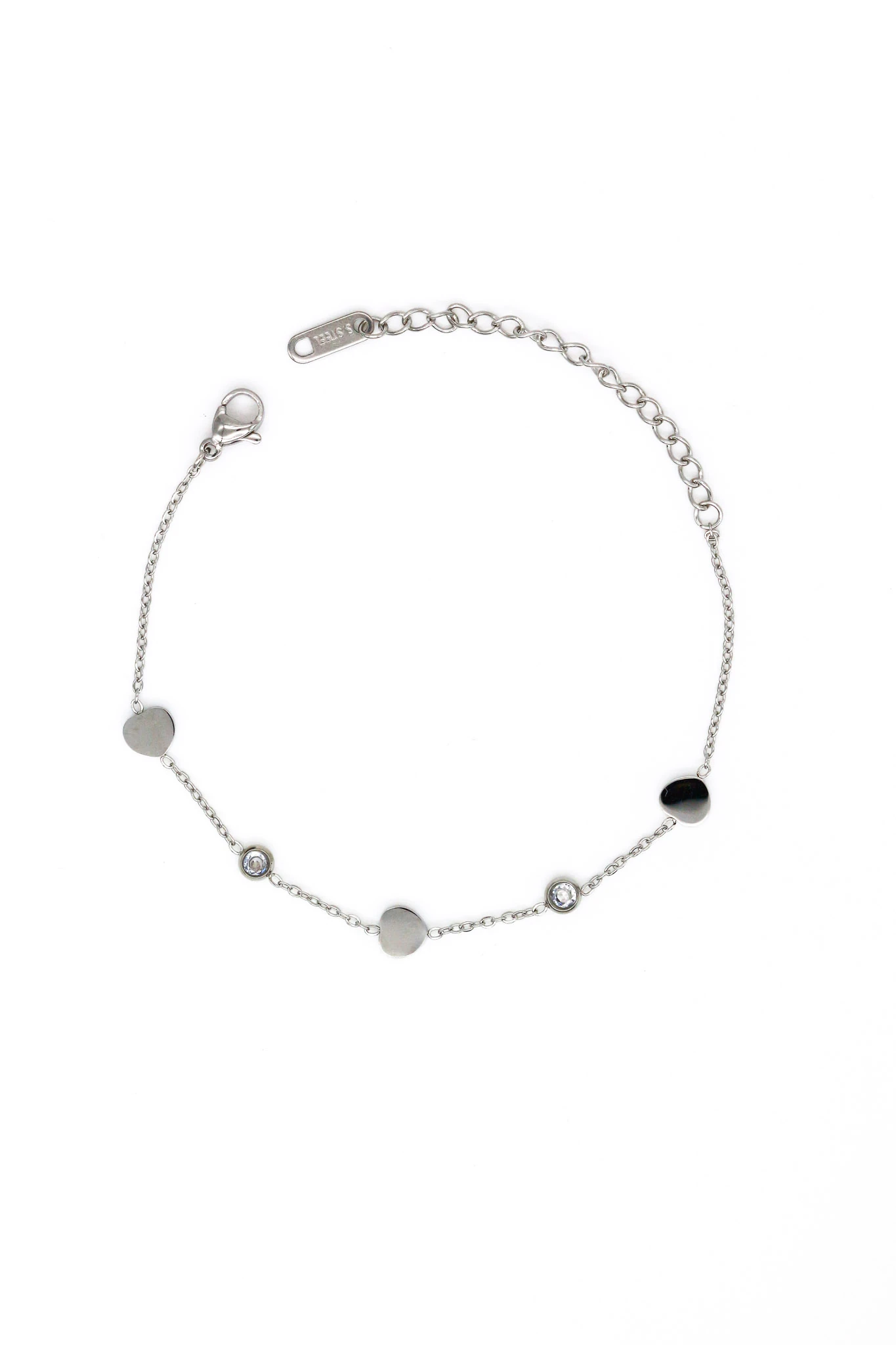 Çelik Üç Kalpli,Zirkon Taşlı Zincir Bileklik - Silver