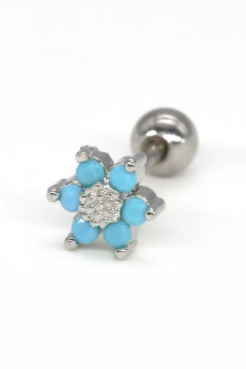 Zirkon Taşlı Tragus Küpe,Turkuaz Çiçekli