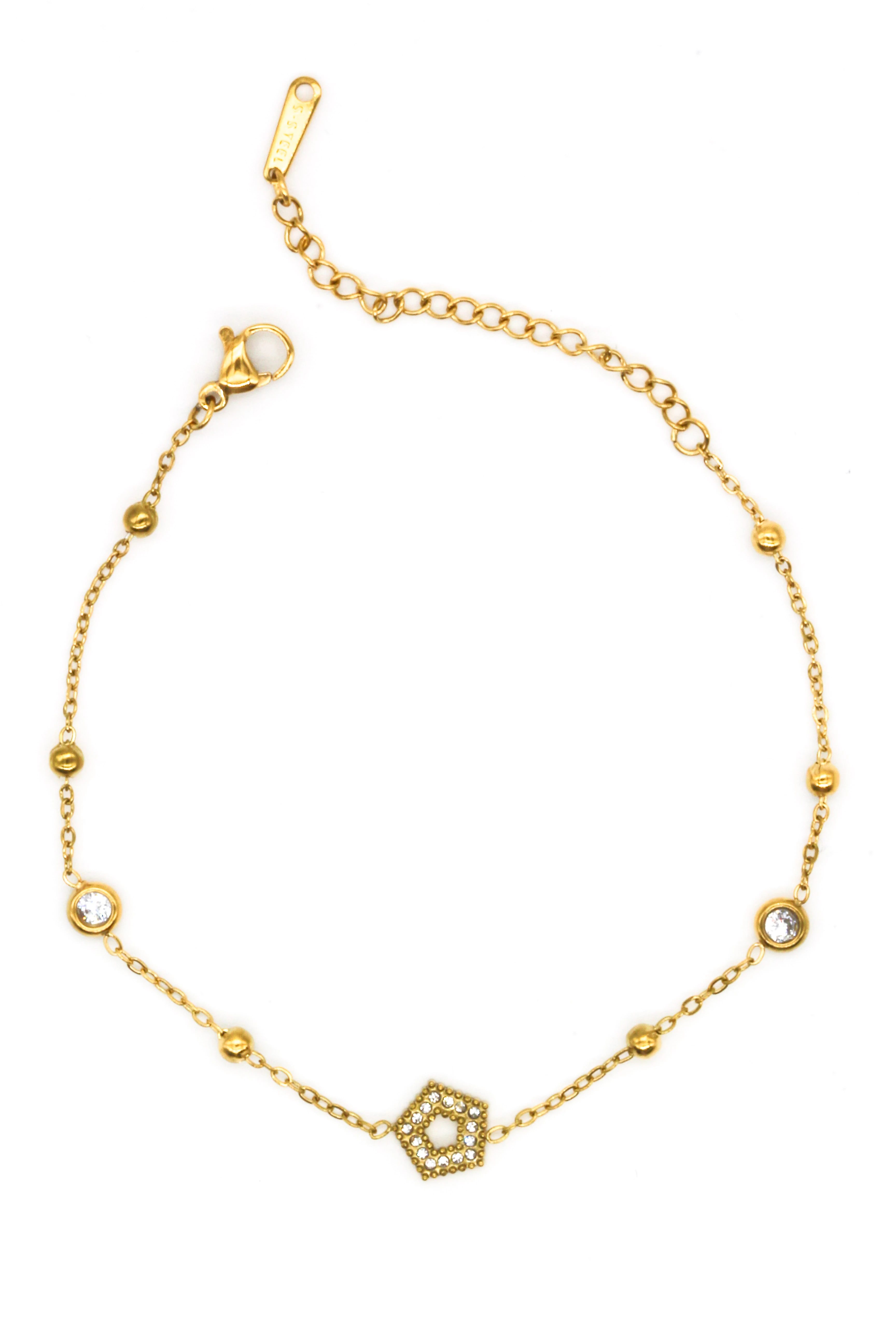 Çelik Zirkon Taşlı,Topcuklu Bileklik,Beşgen Model