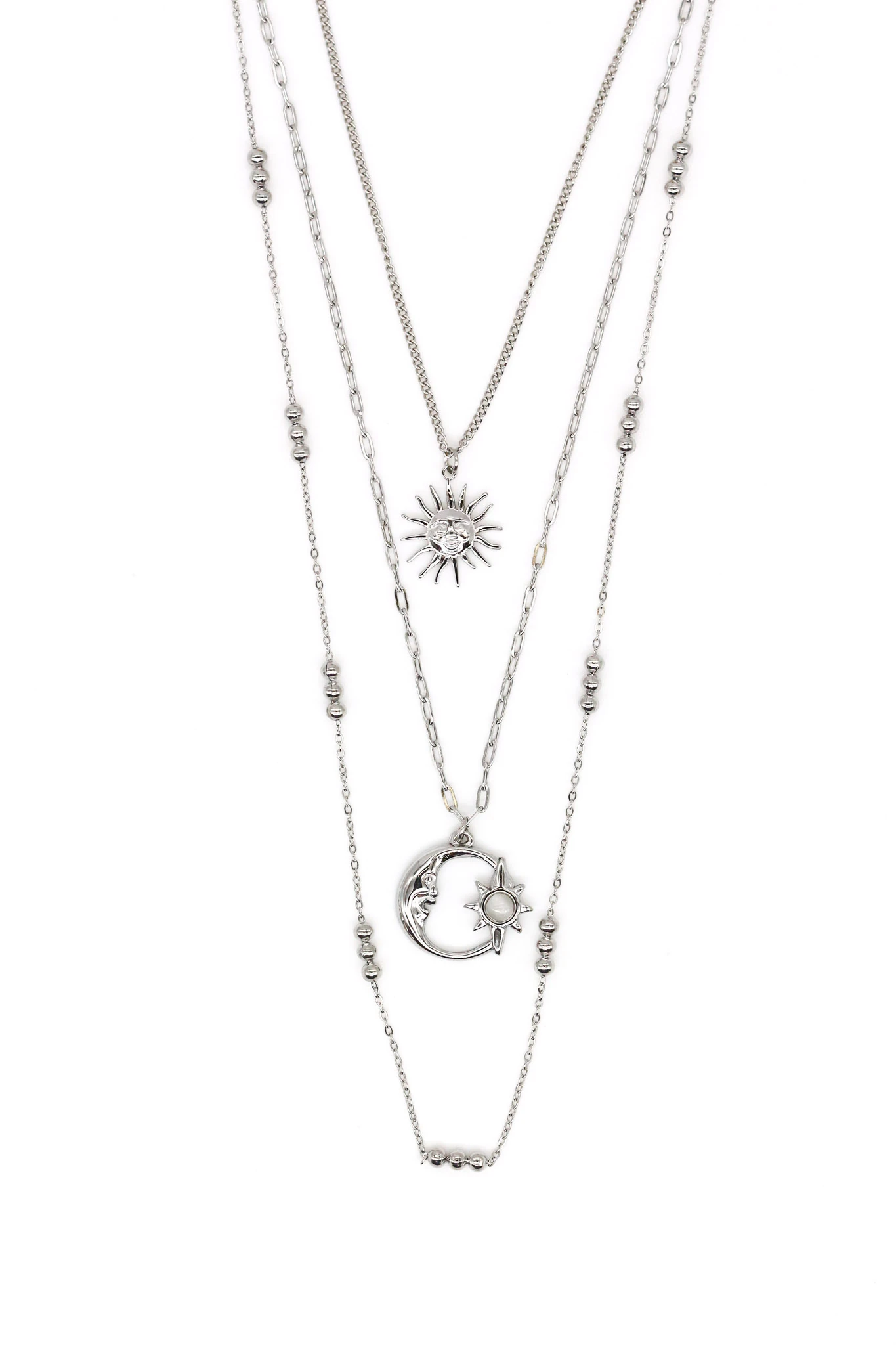 Çelik Üçlü Kombin Zincir Kolye,Ay Yıldız,Güneş Figürlü - Silver
