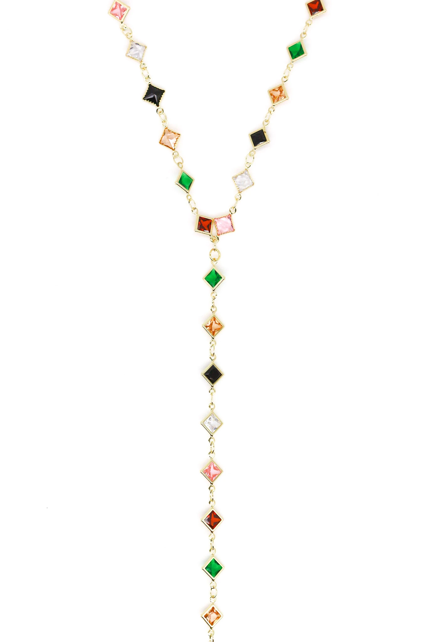 Çelik Karo Renkli Taşlı Y Kolye