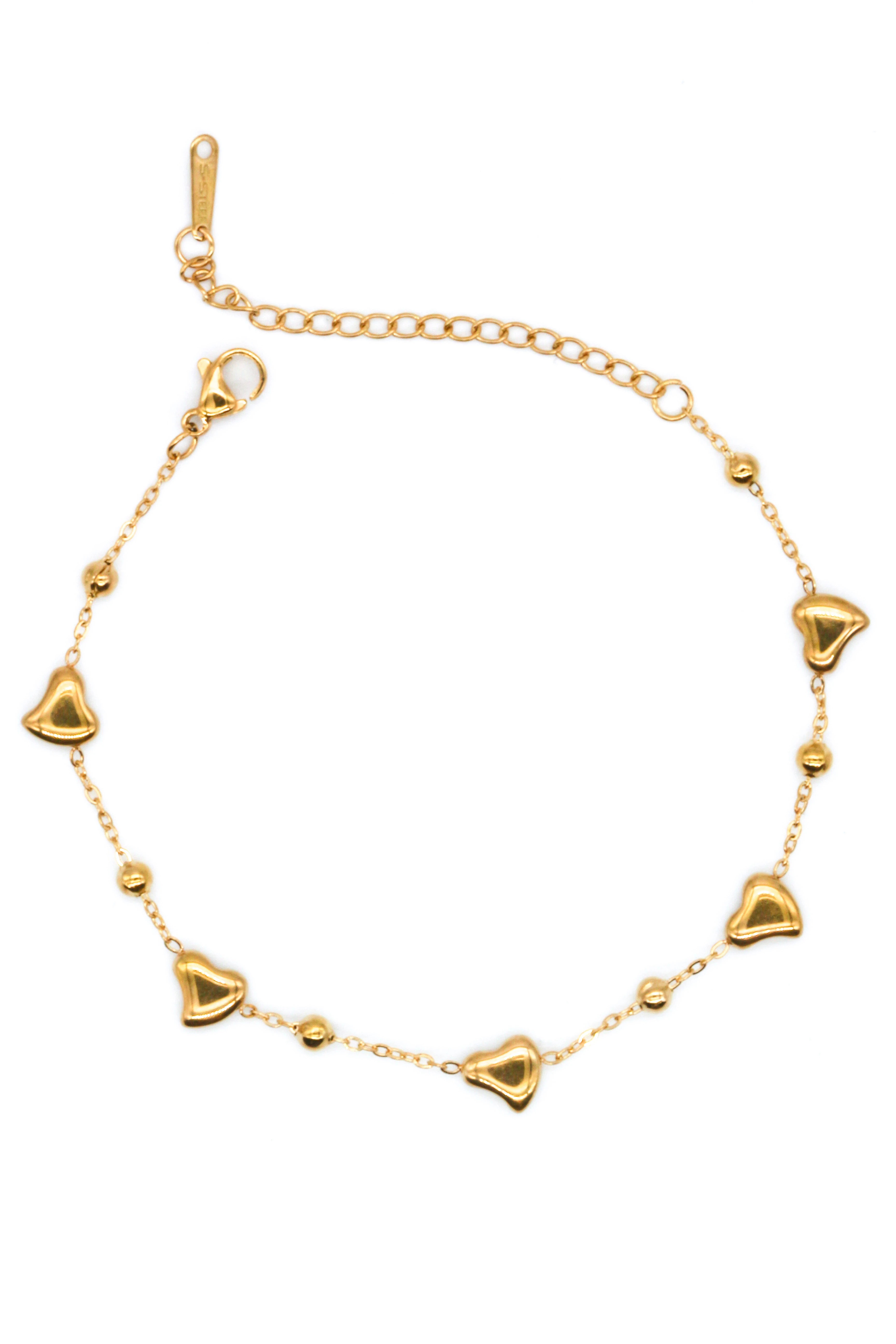 Çelik Topcuklu Taşlı Zincir Bileklik,Beşli Bombe Kalpli