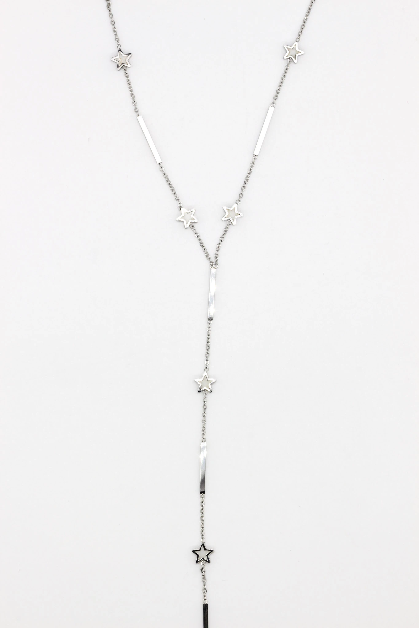 Çelik Sedef Taşlı Yıldızlı Y Kolye,Çubuk Zincirli - Silver