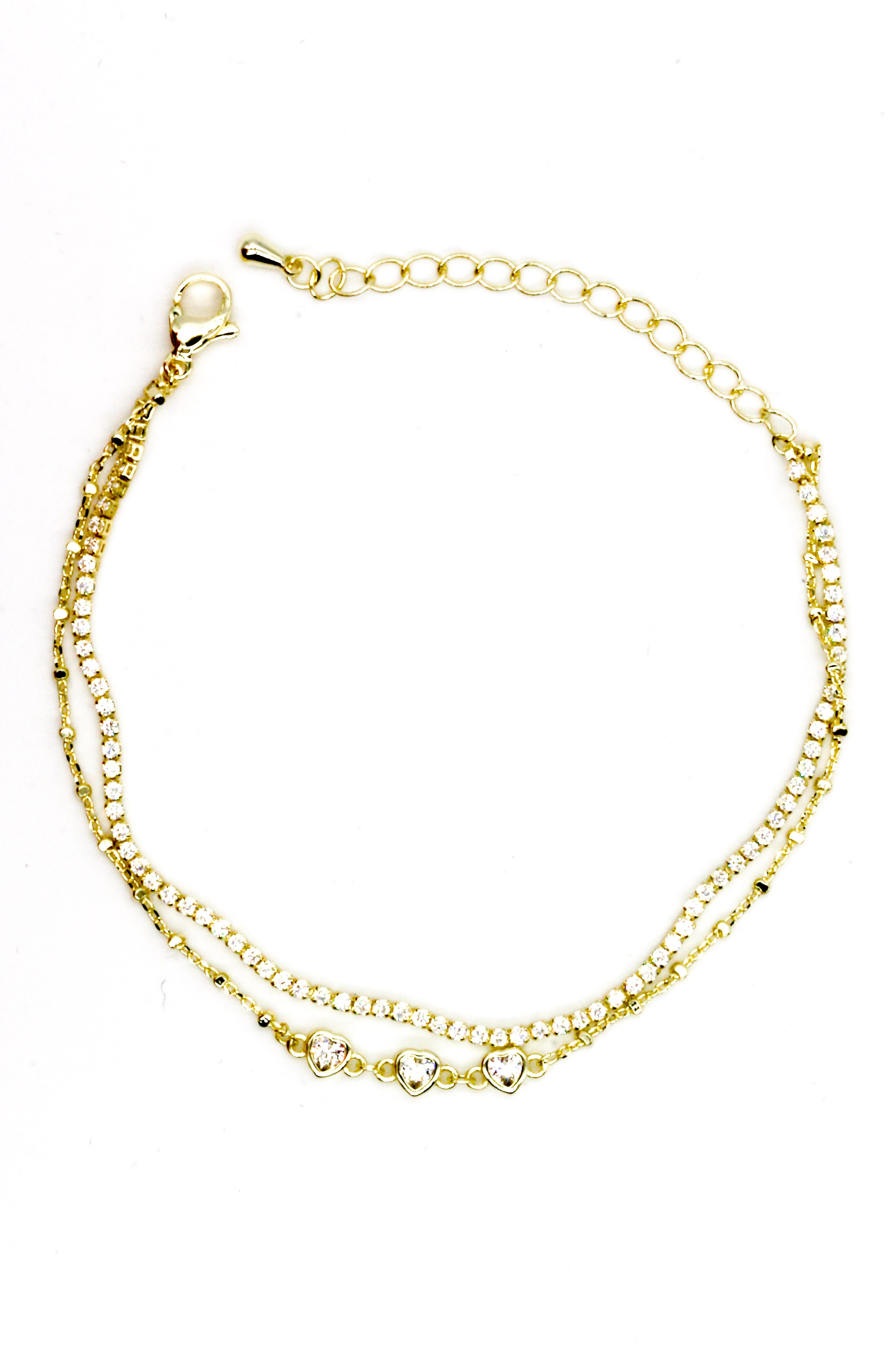 Zirkon Taşlı Suyolu Kombin Bileklik,Üçlü Kalpli