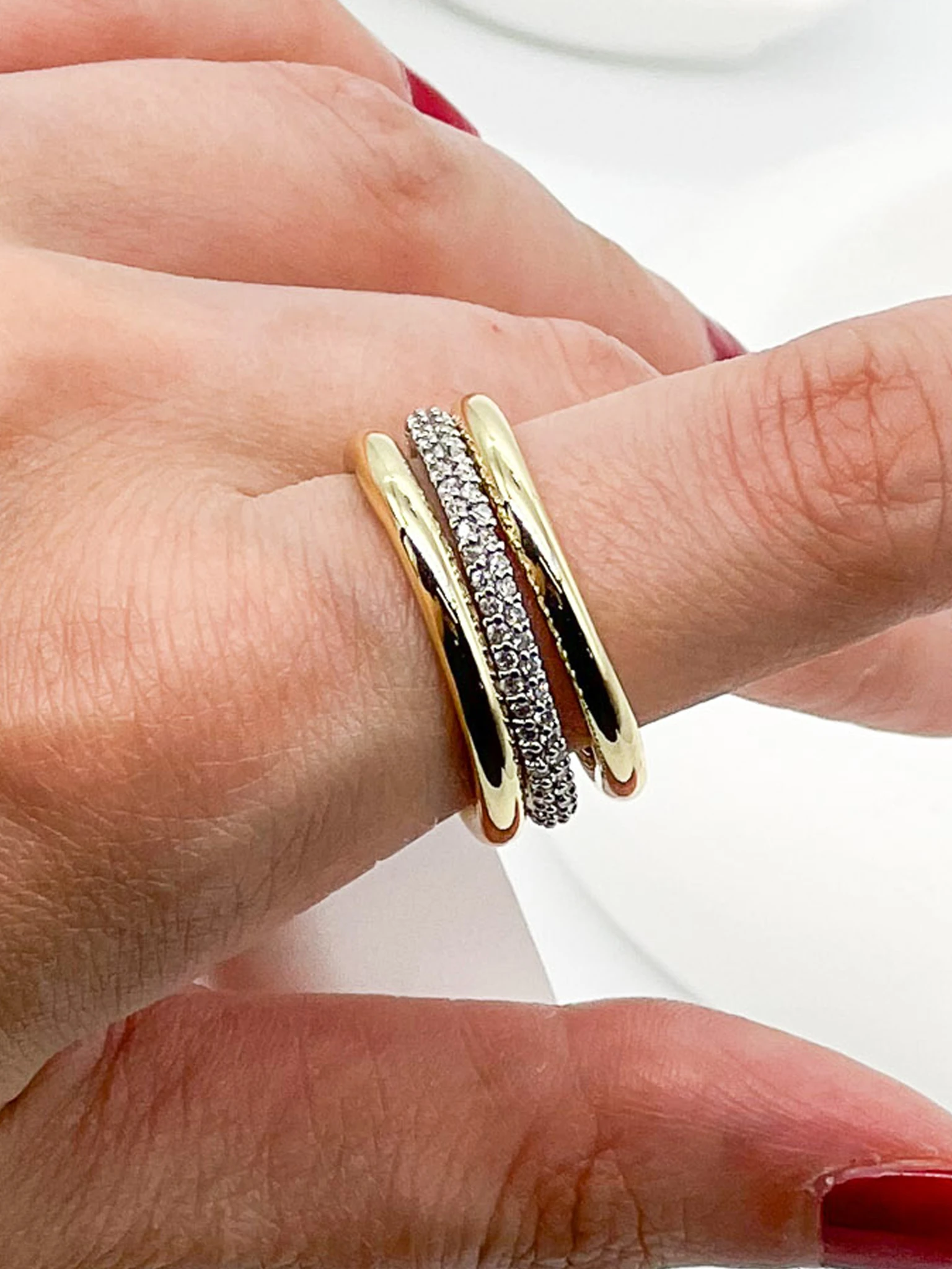 Üçlü Bağlı Halka Yüzük,Zirkon Taşlı